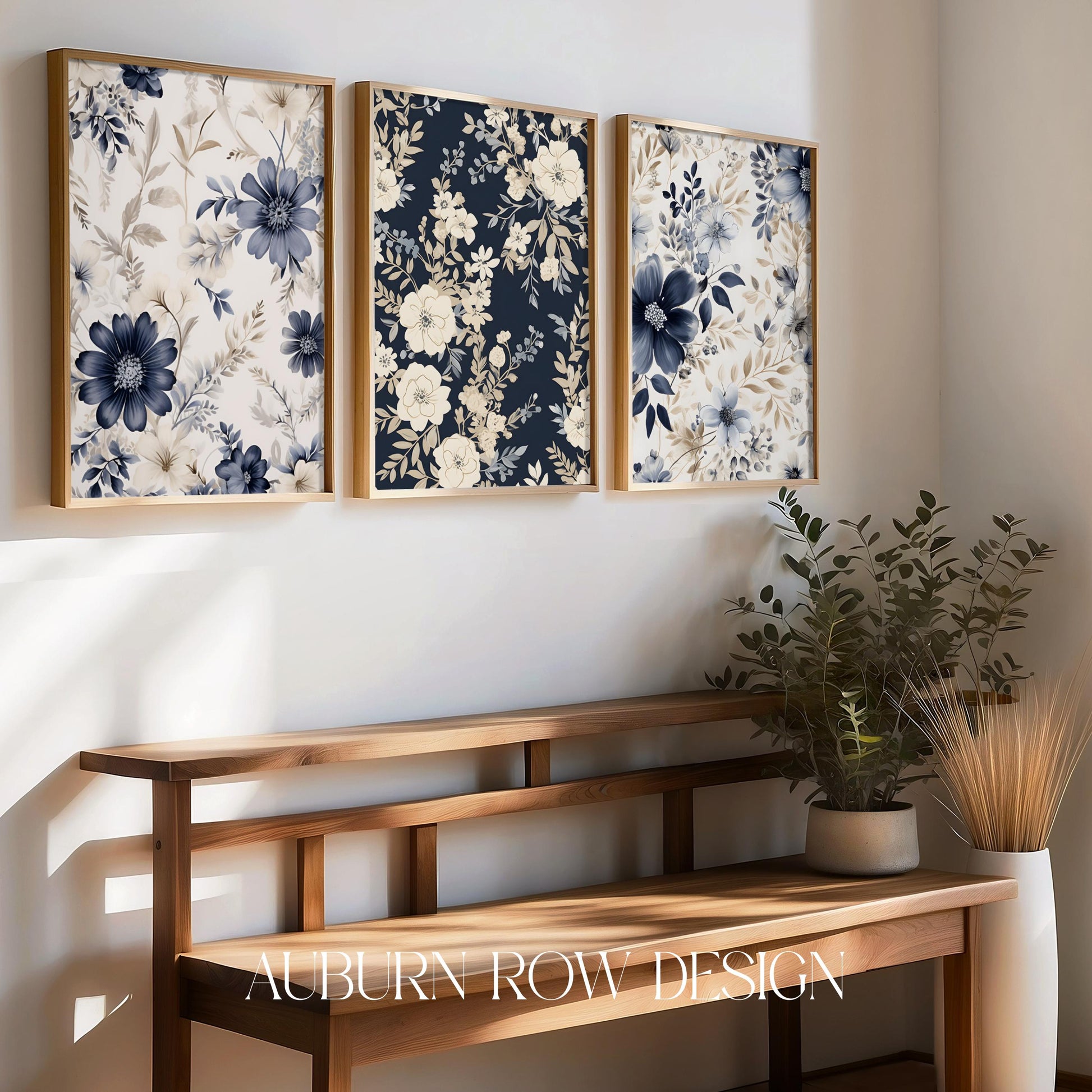 Floral Wall Art Prints Set of Three, Blue and White Botanical Decor, Modern Home Decoration, Stylish Living Room Artwork