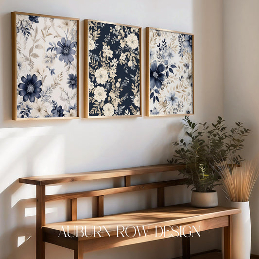 Floral Wall Art Prints Set of Three, Blue and White Botanical Decor, Modern Home Decoration, Stylish Living Room Artwork