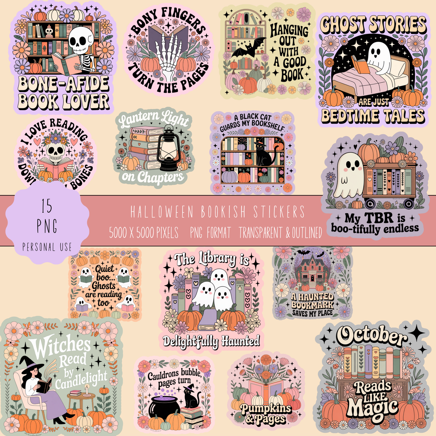 Halloween Sticker Pack, Witchy Book Lover, Spooky Library, Ghost Stories, October Reads, Cute Vinyl Stickers, Planner Decorations