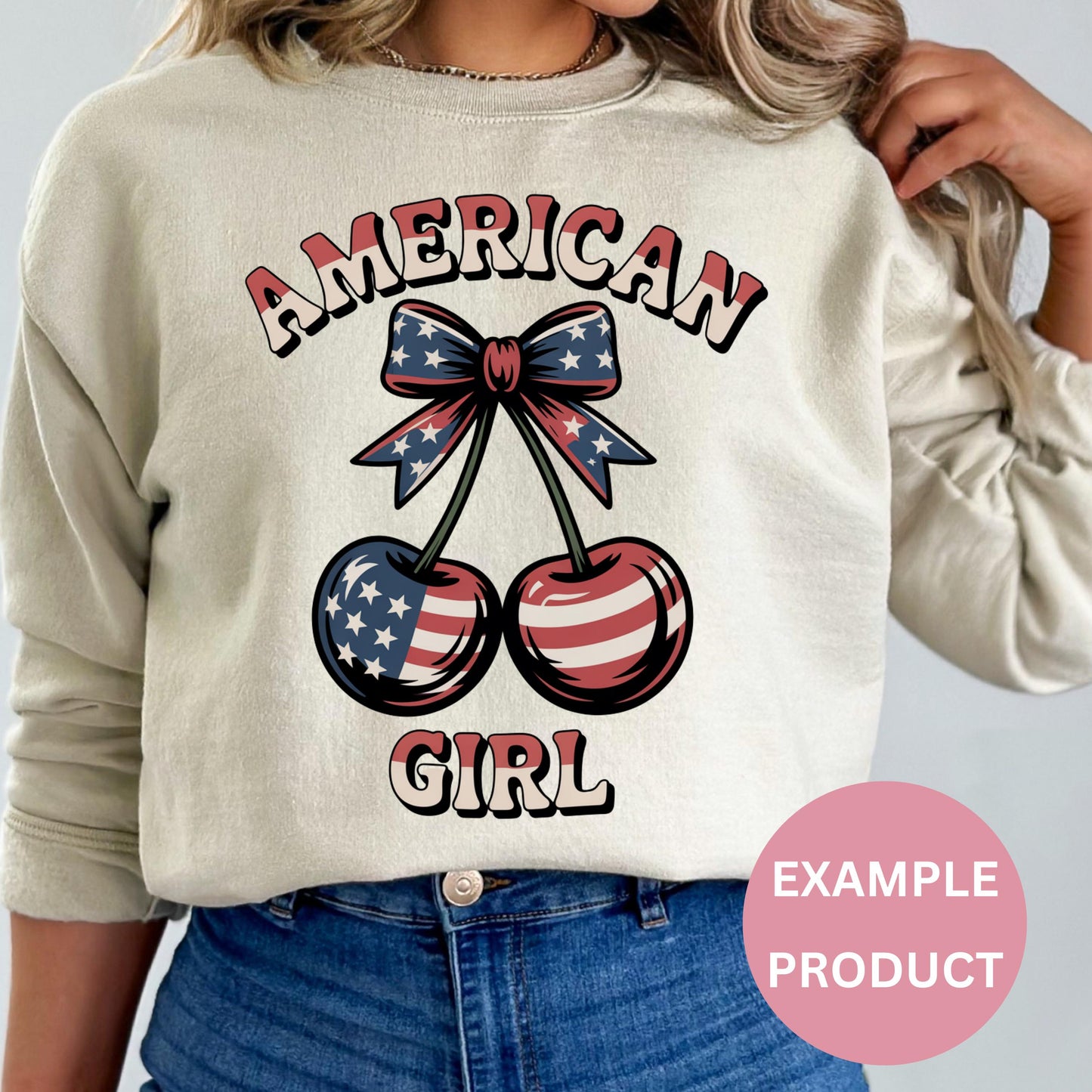 American Girl Patriotic Sweatshirt, USA Flag Cherries Graphic, Trendy Women's Casual Pullover Top