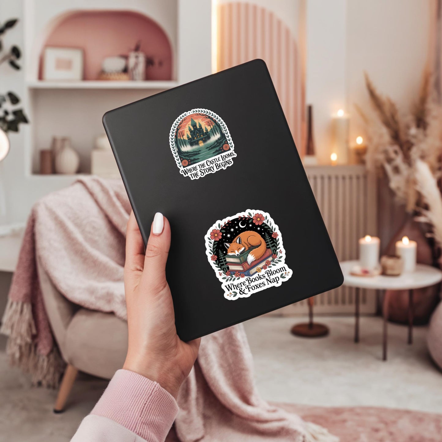 Vintage Travel Sticker Notebook, Hand Holding Black Journal, Custom Decal Design, Gift for Writers