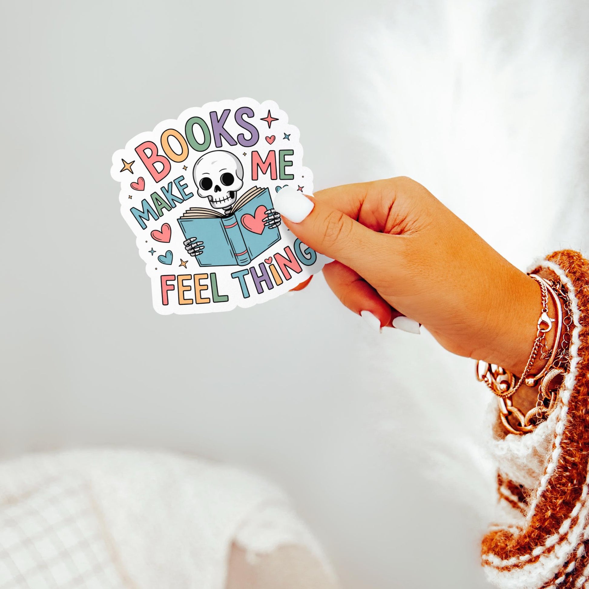 Books Make Me Feel Things Sticker, Skeleton Reading Vinyl Decal, Laptop and Water Bottle Decoration, Cute Gothic Accessory