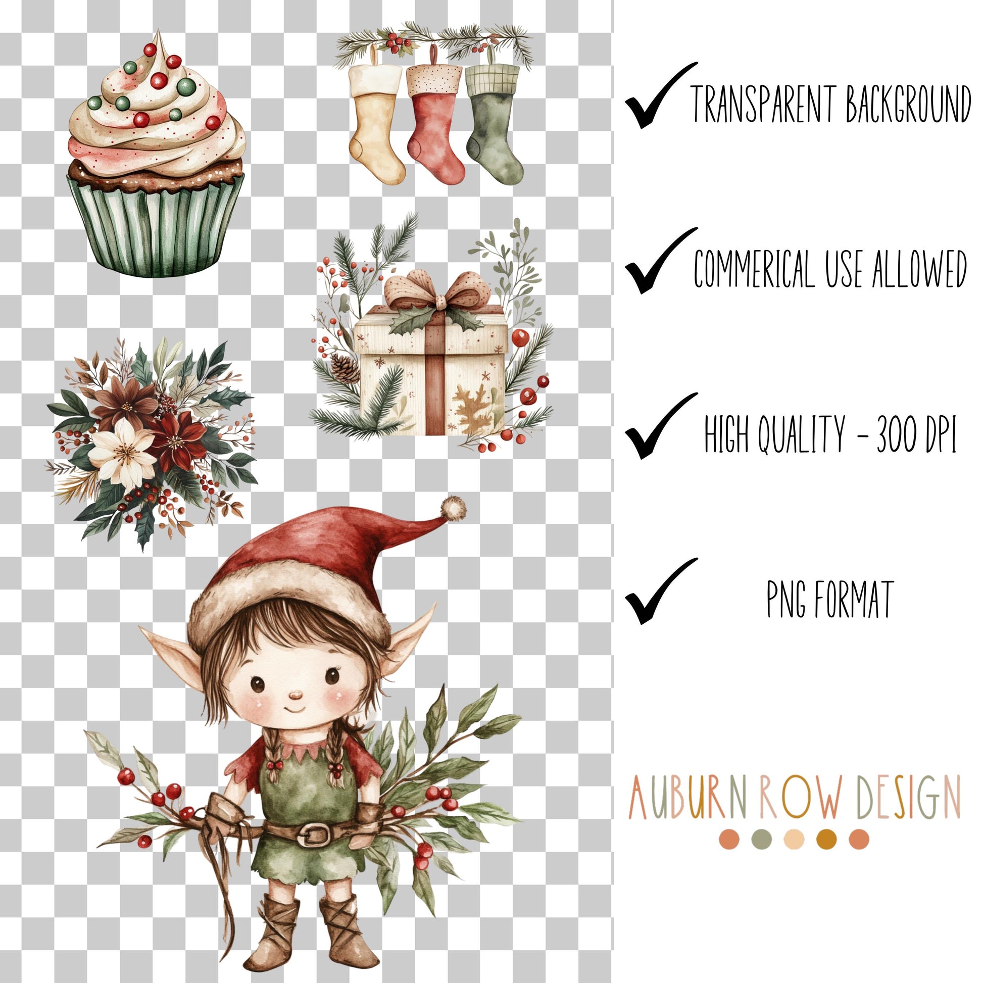 Christmas Clipart Bundle, Watercolor Elf, Holiday Cupcakes, Festive PNG Files, Transparent Background, High-Quality 300 DPI, Commercial Use