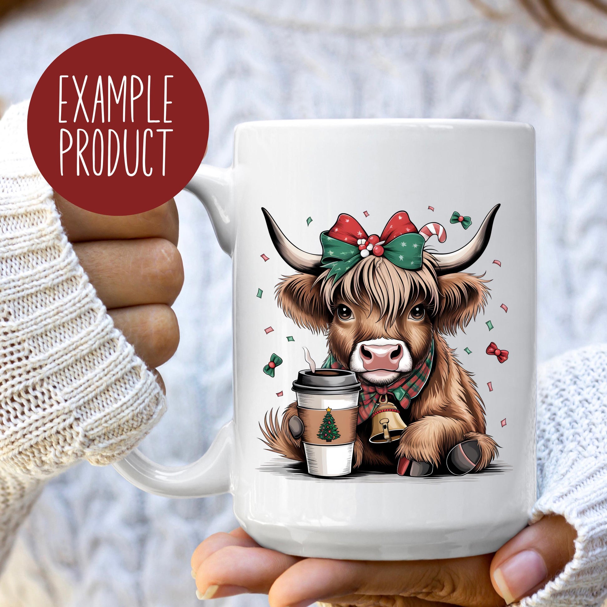 Holiday Highland Cow Coffee Mug, Cute Christmas Calf With Hot Drink, Festive Winter Gift Ceramic Cup