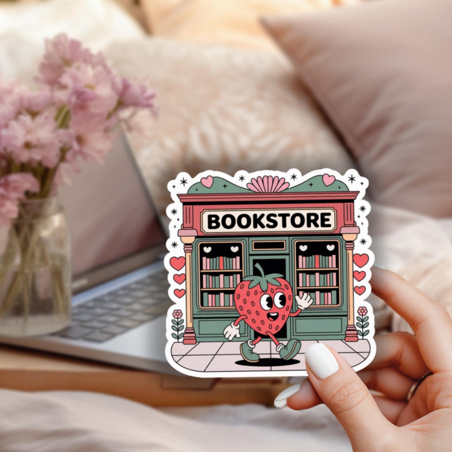 Cute Bookstore Vinyl Sticker, Strawberry Character, Laptop Decal, Quirky Stationery, Book Lover Gift, Waterproof, Colorful Illustration