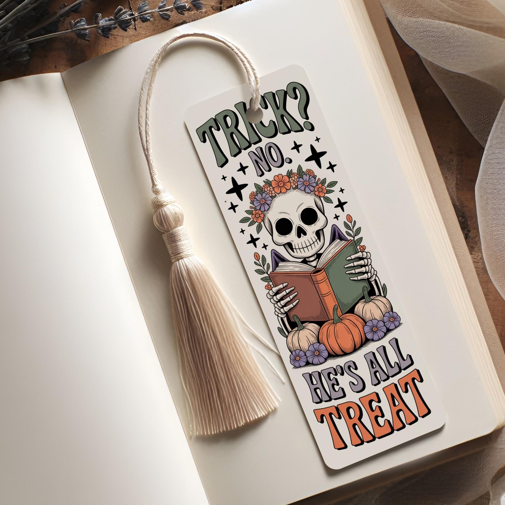 Halloween Bookmark, Skeleton Reading, Fall Pumpkin Design, Cute Spooky Accessory, Book Lover Gift, Unique Tassel Bookmark