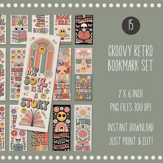 Groovy Retro Bookmark Set, Instant Download, Printable Book Lover Gift, Colorful Vintage Bookmark Designs, 300 DPI PNG