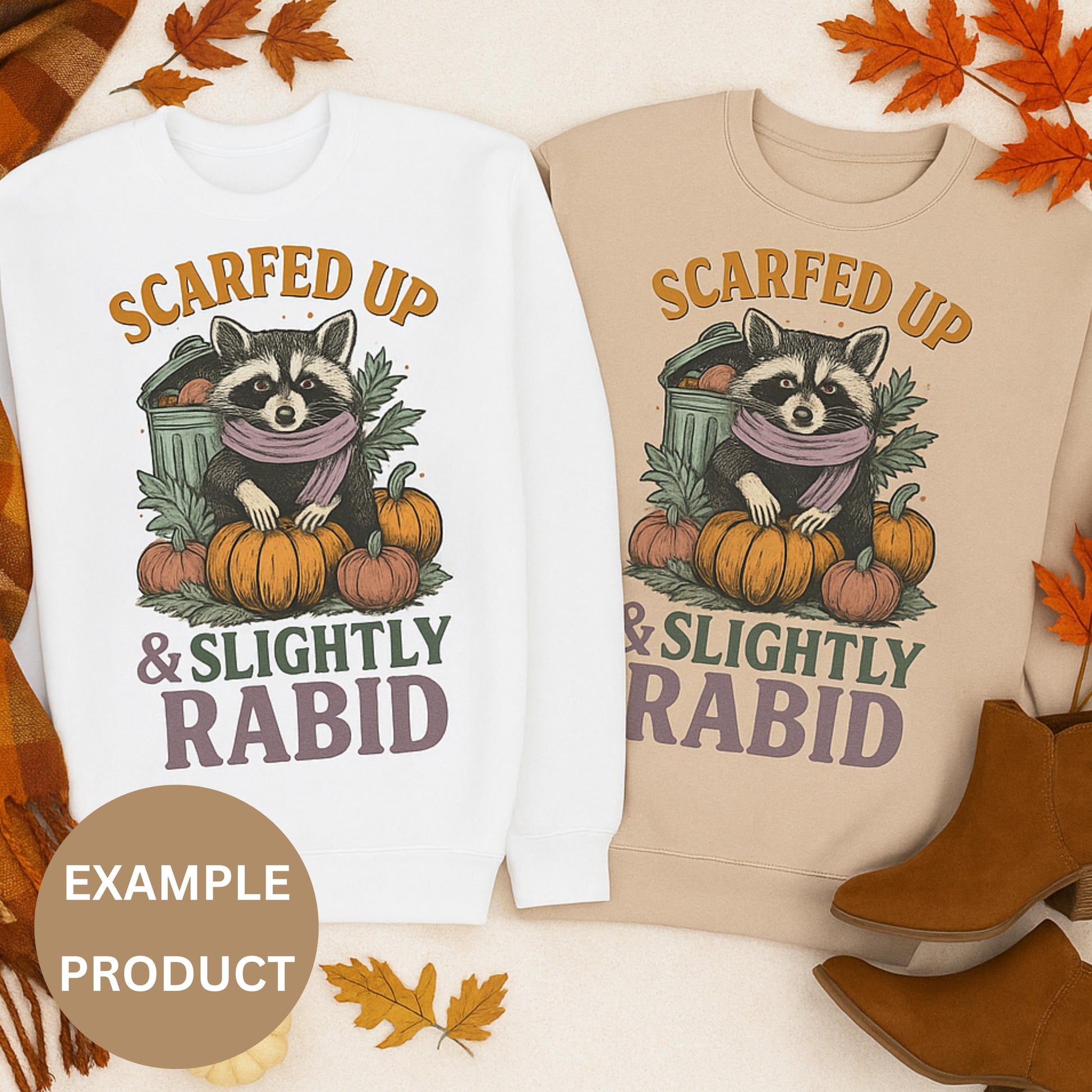 Autumn Raccoon Sweatshirt, Scarfed Up and Slightly Rabid, Fall Pumpkin Graphic Crewneck, Cozy Animal Sweater, Unisex Clothing