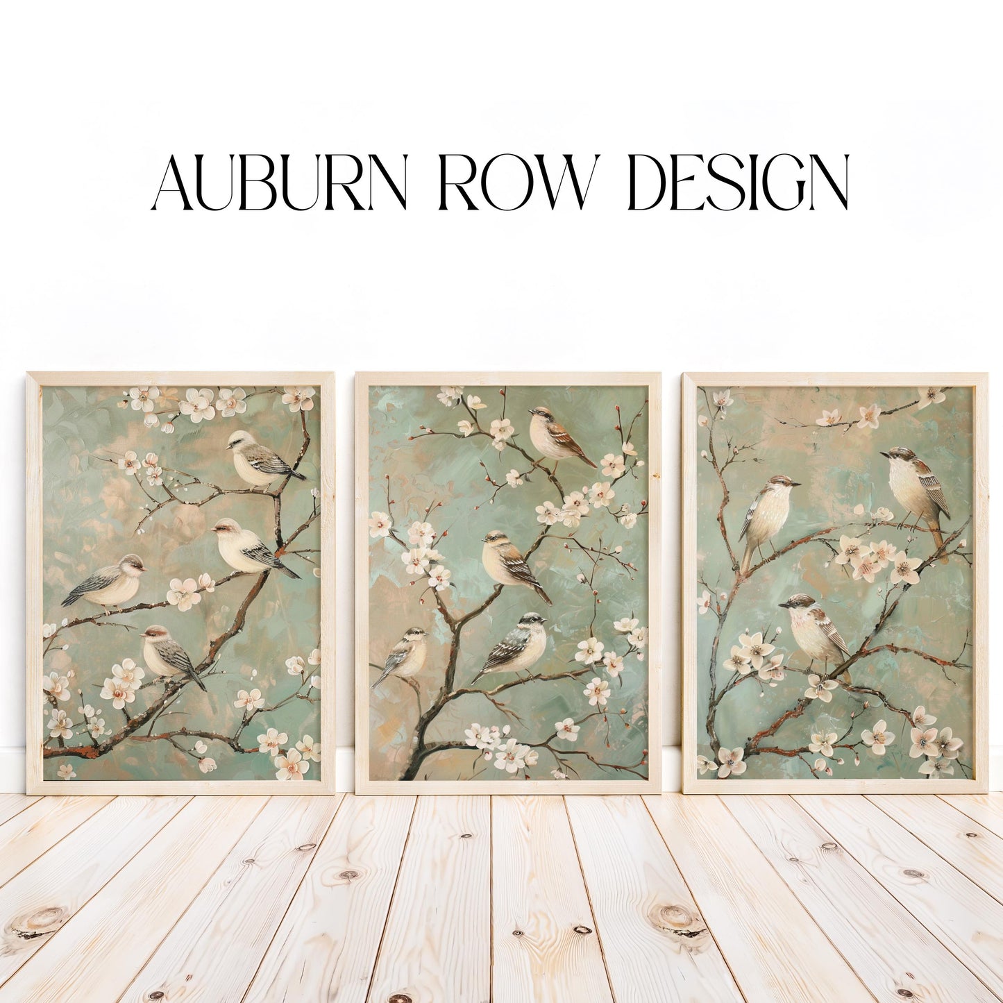 Auburn Row Design Bird and Blossom Wall Art, Vintage Style Floral Bird Prints, Set of 3 Canvas Panels