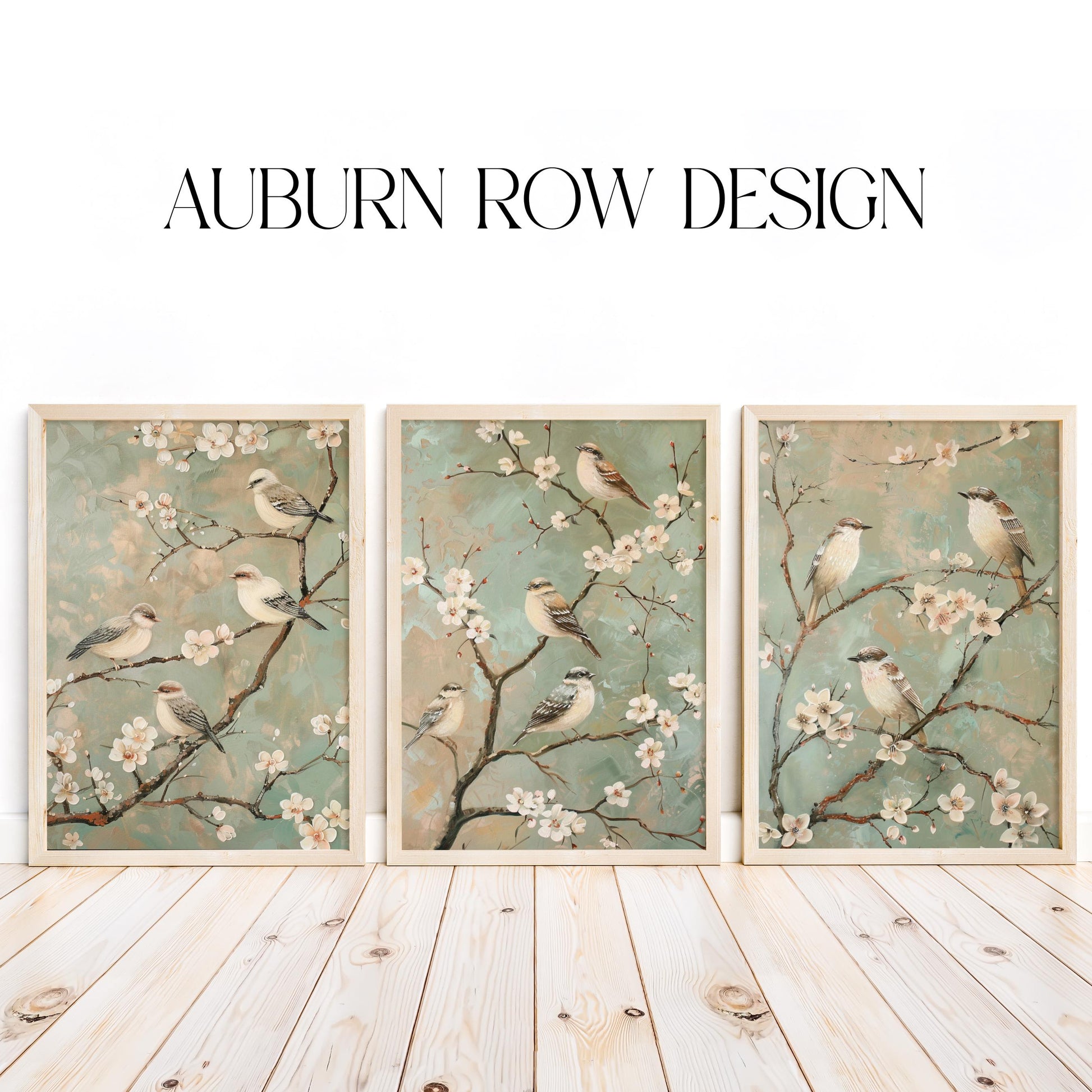 Auburn Row Design Bird and Blossom Wall Art, Vintage Style Floral Bird Prints, Set of 3 Canvas Panels