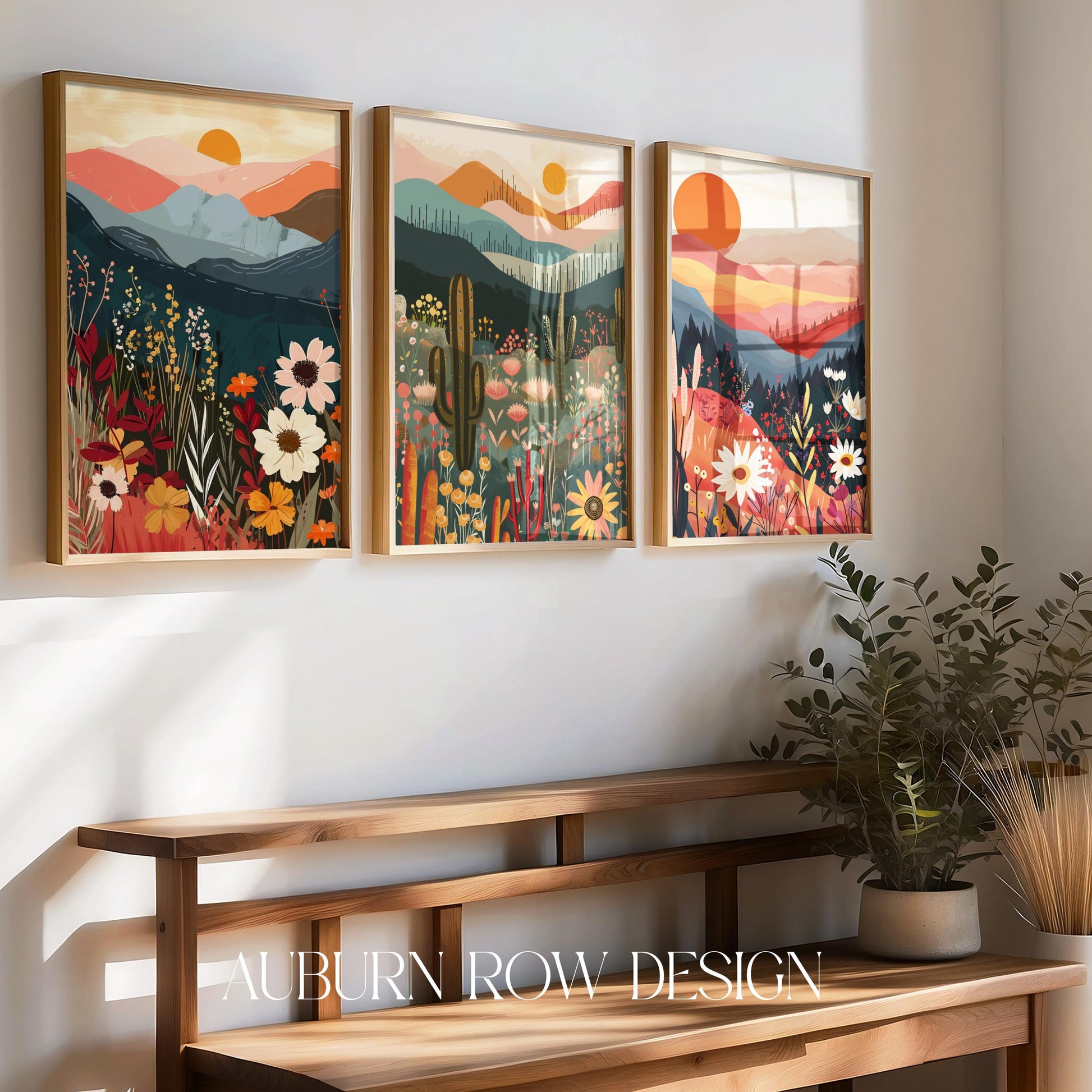 Colorful Mountain Landscape Wall Art Prints, Set of Three, Nature Home Decor, Floral Sunset Canvas Panels