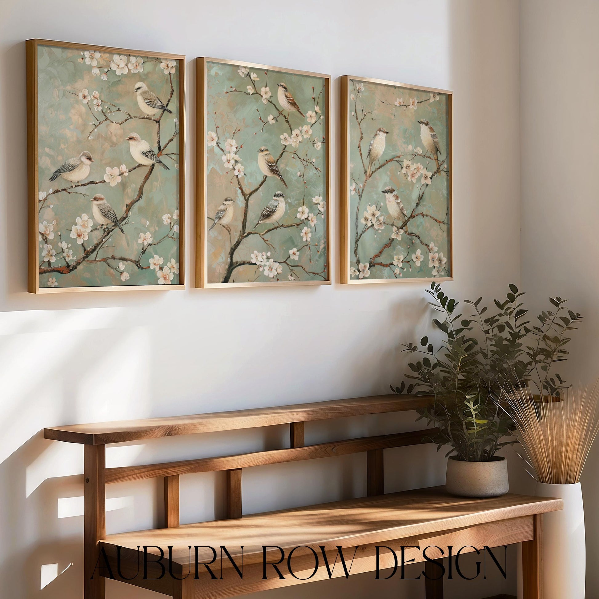 Cherry Blossom Wall Art Triptych, Spring Floral Bird Canvas Print, Asian Inspired Home Decor, Elegant Three Panel Artwork for Living Room