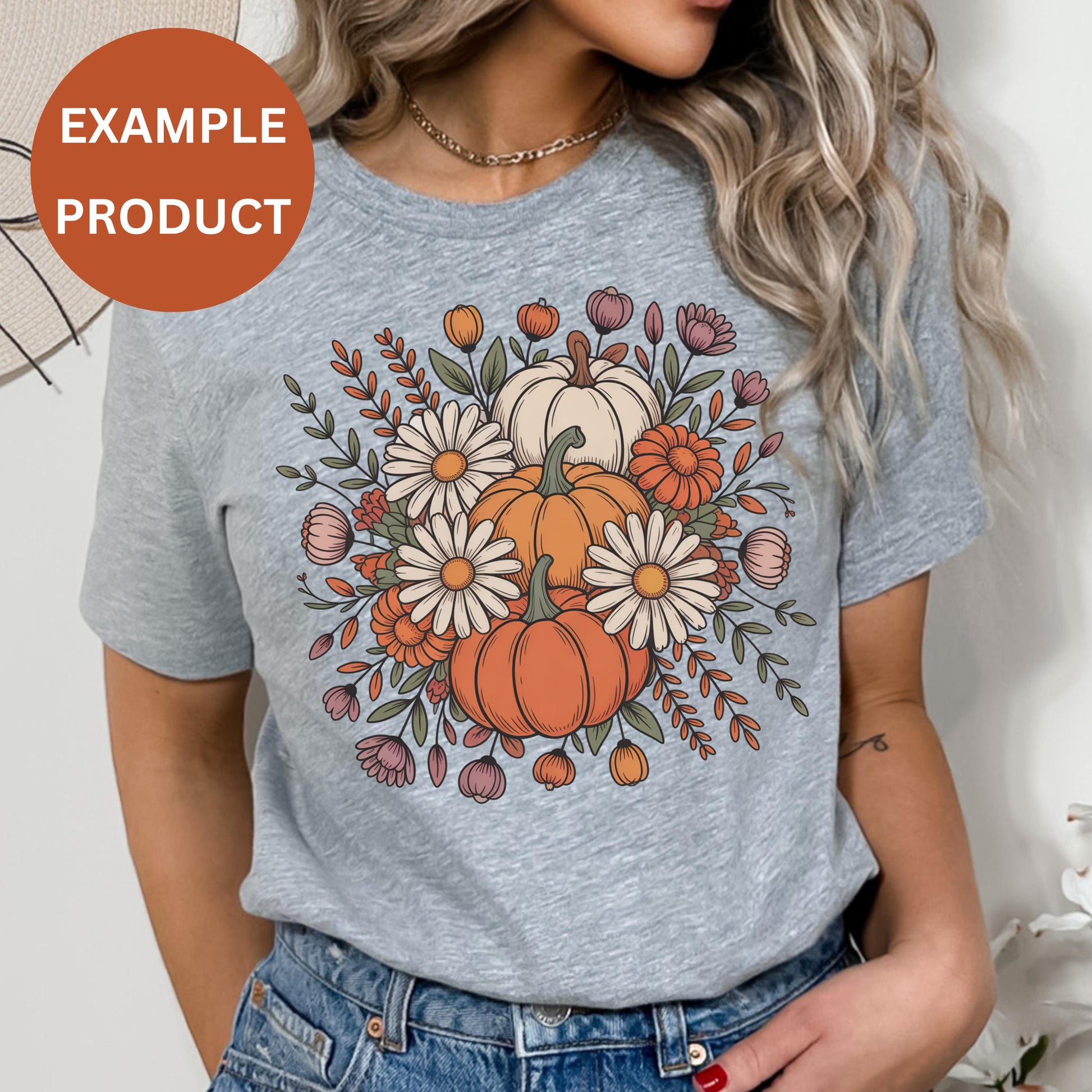 Women's Floral Pumpkin T-Shirt, Autumn Flowers Graphic Tee, Fall Season Casual Fashion Top