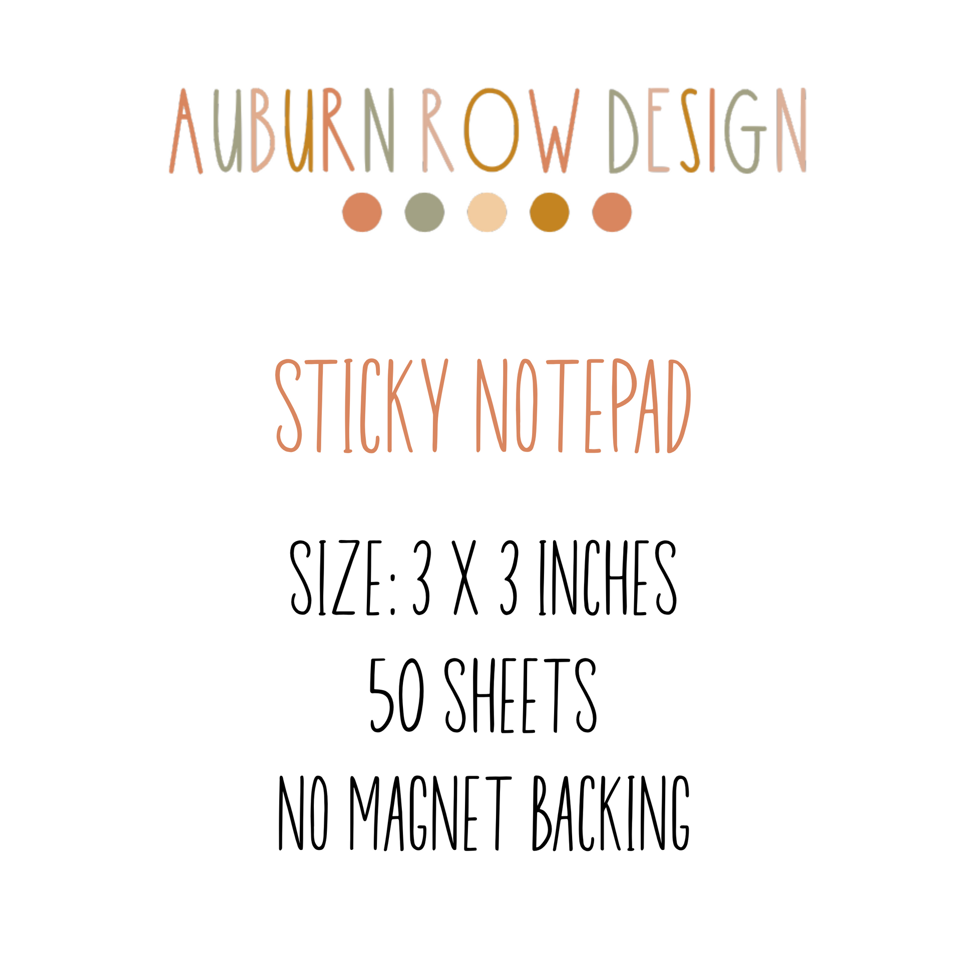 Sticky notepad description card with 'Auburn Row Design' branding on a white background.