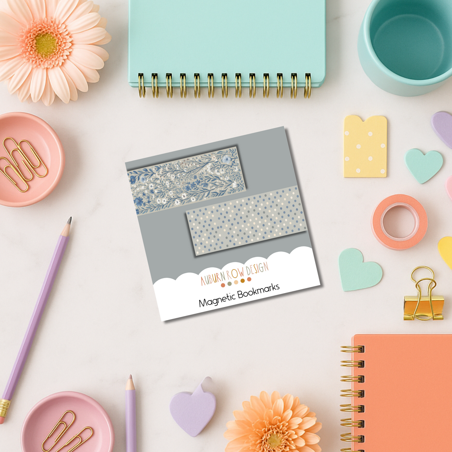 Blue Floral Magnetic Bookmark Set