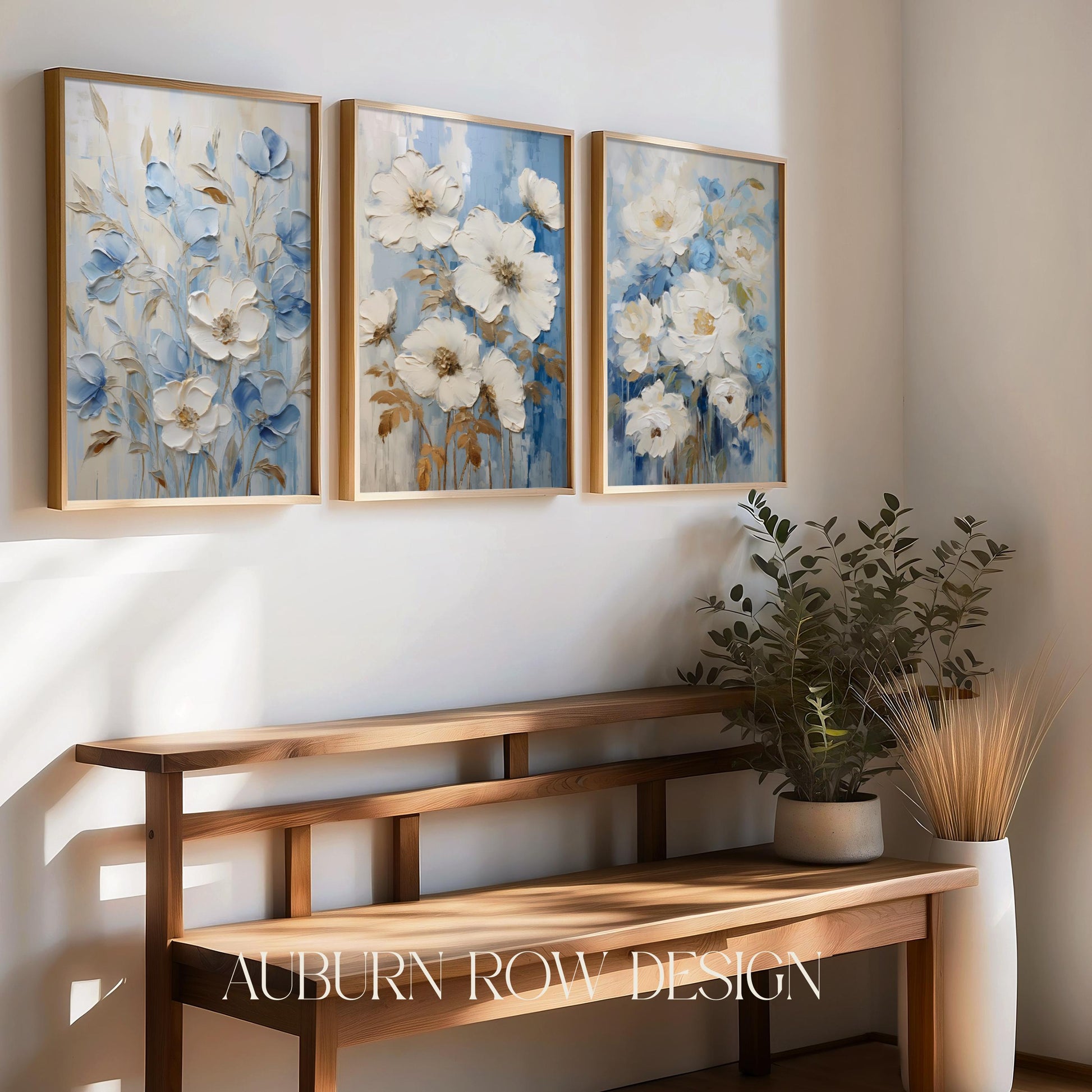 Floral Wall Art Triptych, Blue and White Flowers, Modern Home Decor Prints, Living Room Artwork, Botanical Gallery Set