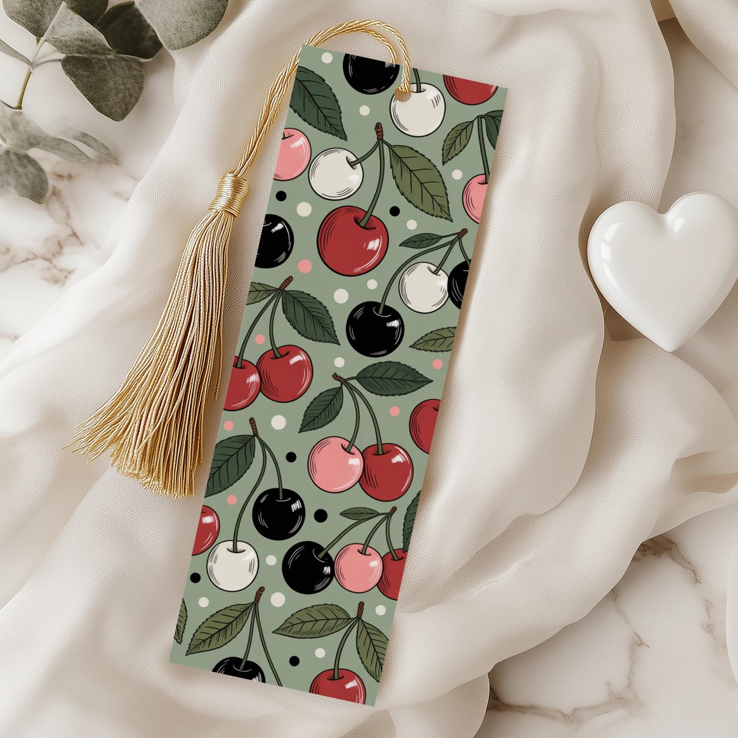 Colorful Cherry Pattern Bookmark, Green Background, Red and Black Cherries, Tassel Included