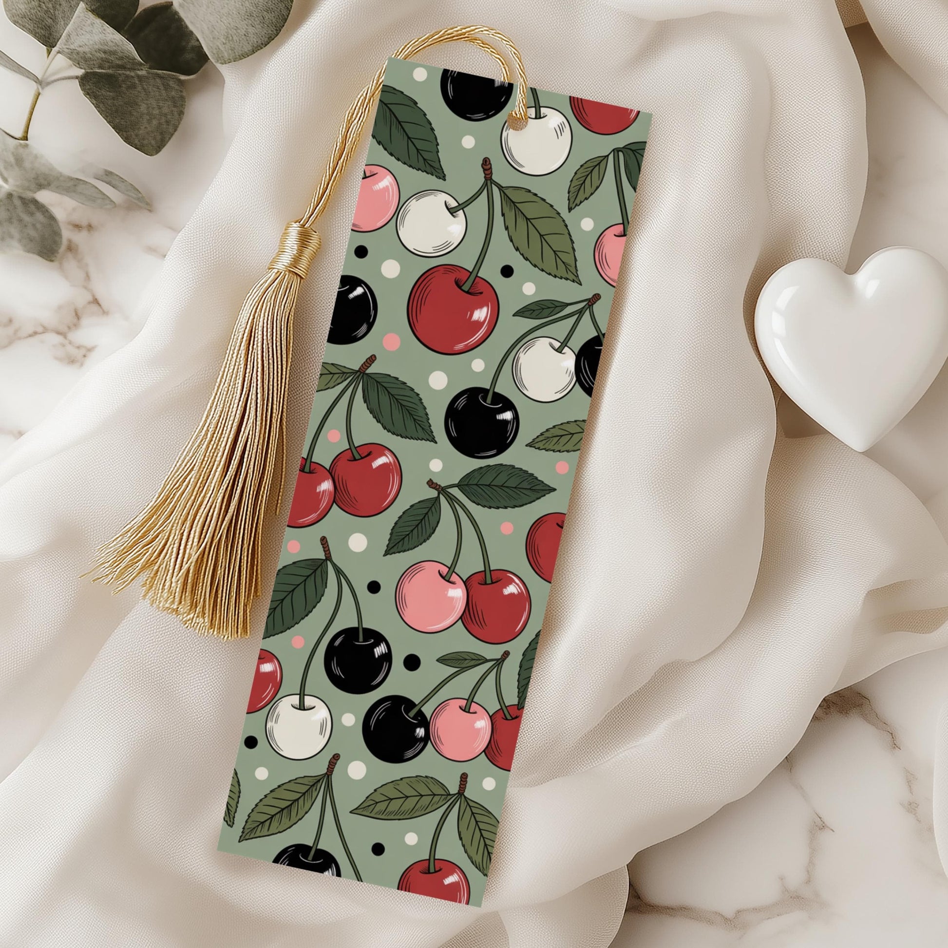 Colorful Cherry Pattern Bookmark, Green Background, Red and Black Cherries, Tassel Included