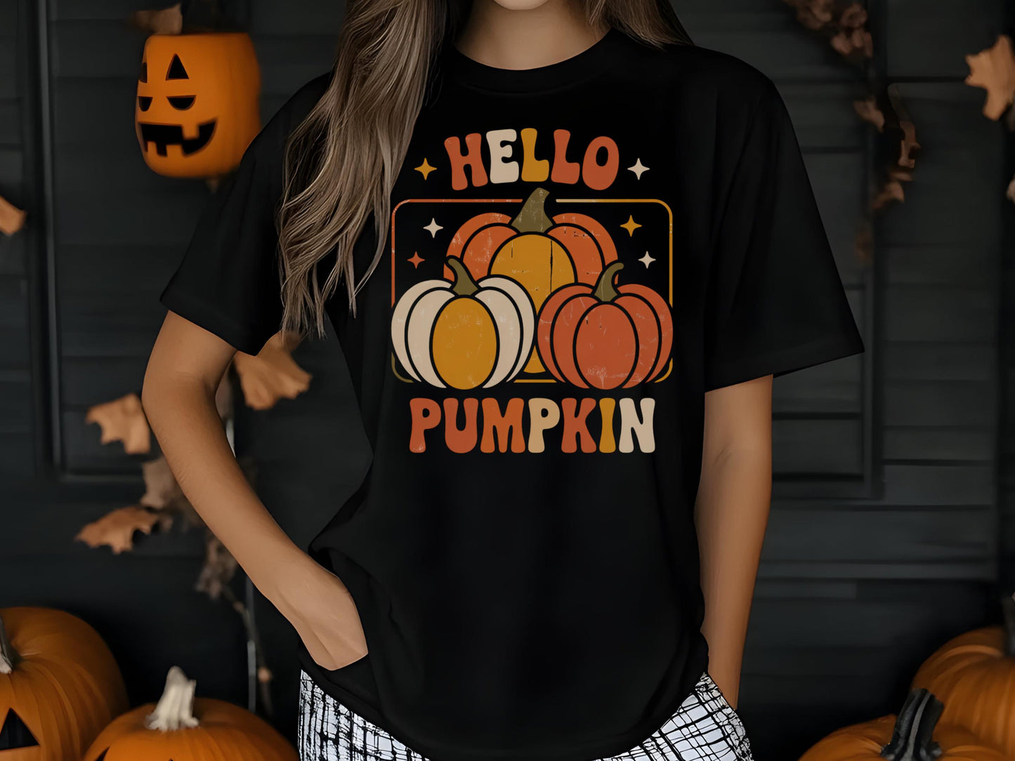 Hello Pumpkin Fall T-Shirt, Women's Halloween Graphic Tee, Autumn Pumpkins and Leaves Top