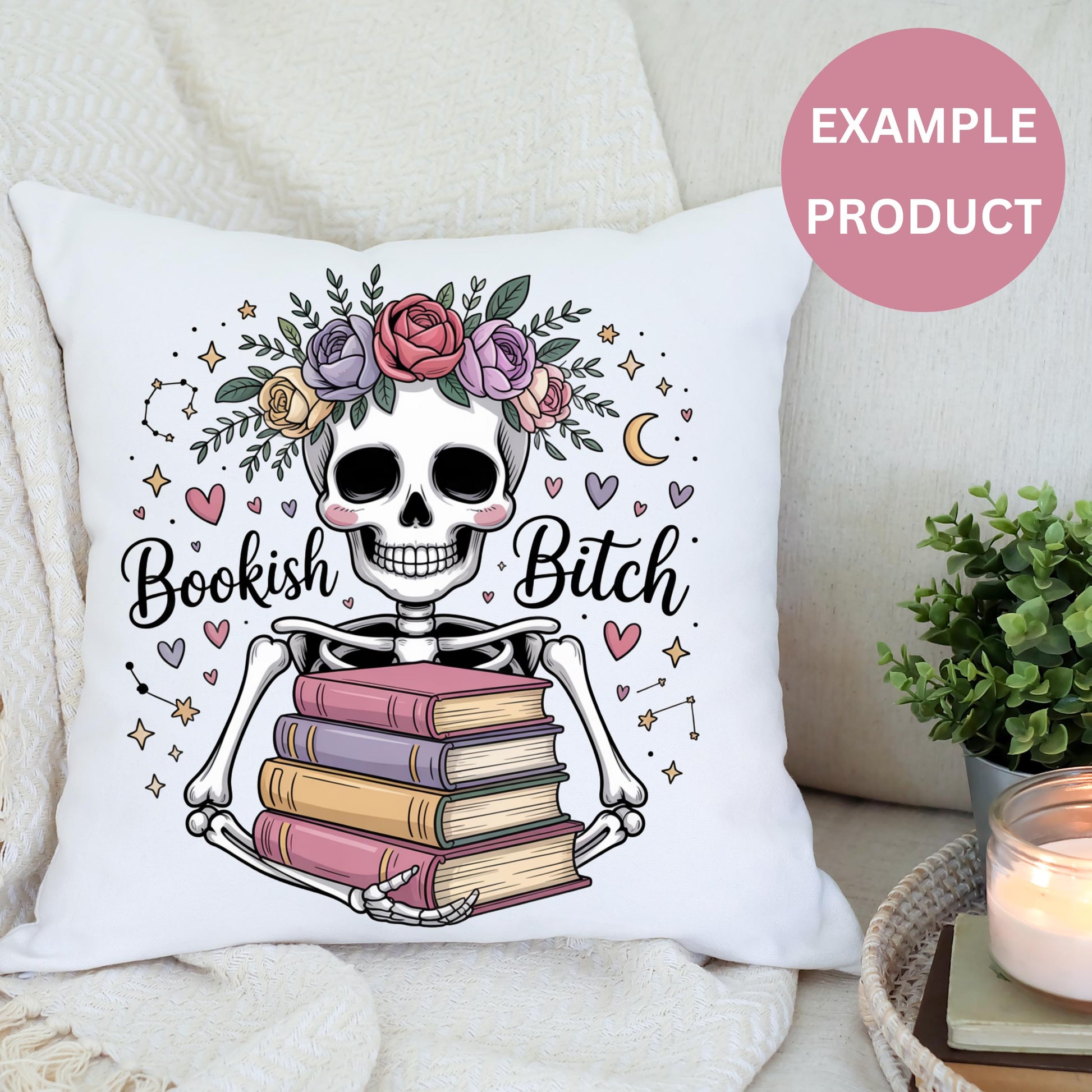 Bookish Skull Cushion Cover, Floral Gothic Home Decor, Unique Book Lover Gift, Decorative Throw Pillow Case