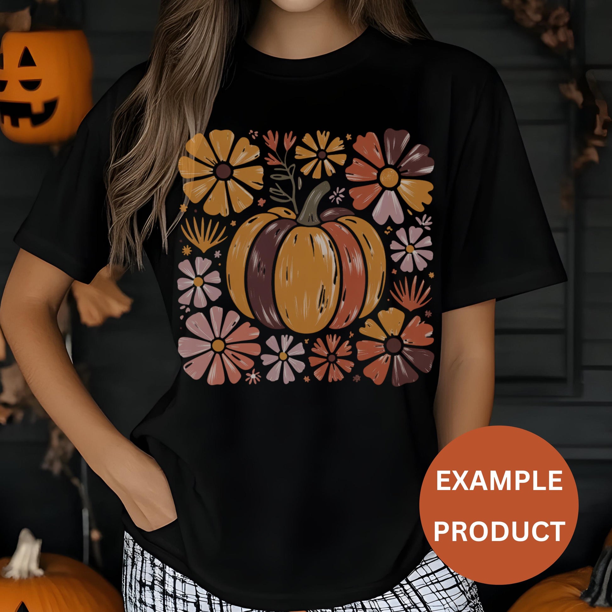Floral Pumpkin T-Shirt, Autumn Flowers Graphic Tee, Halloween Fall Season Fashion, Women's Black Cotton Shirt