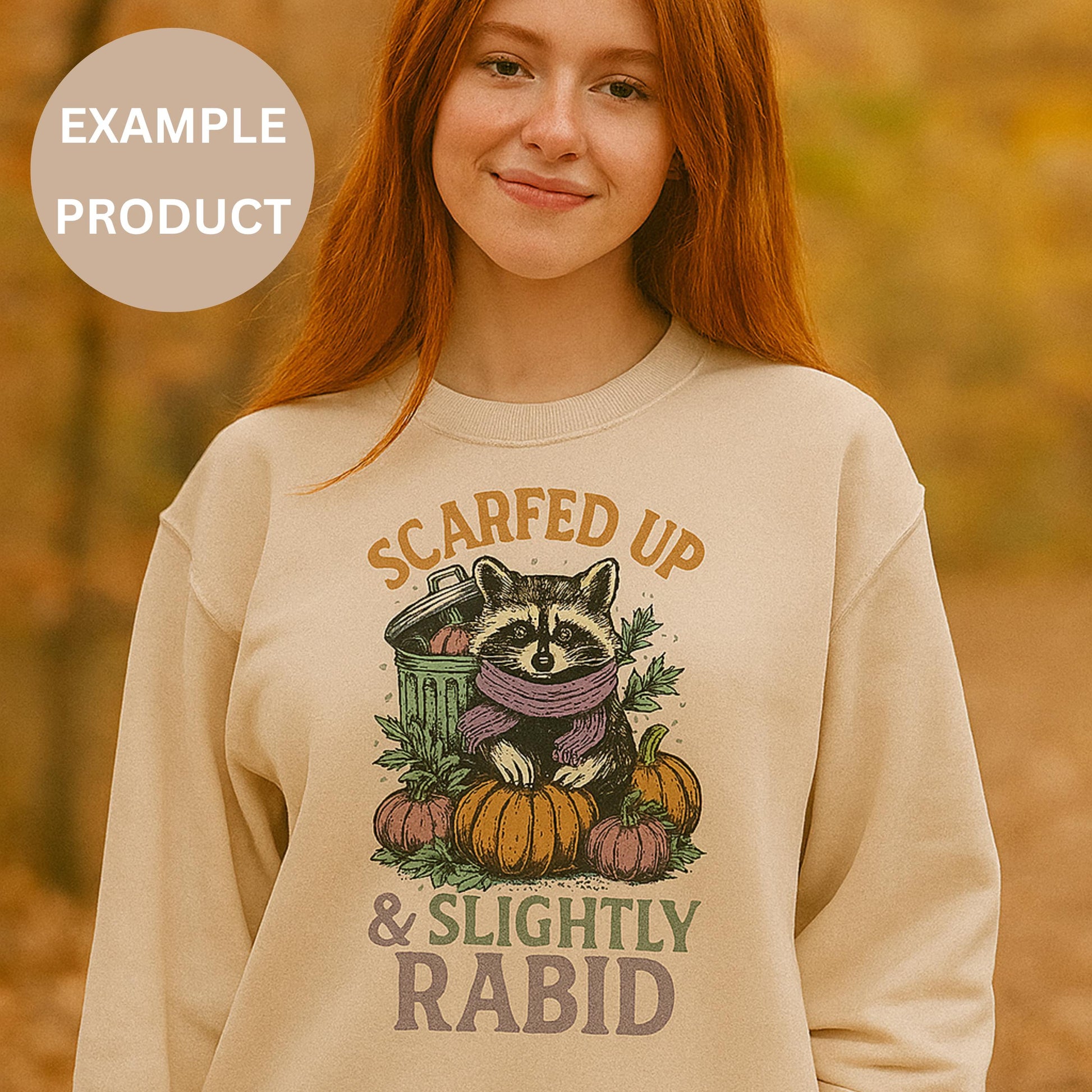 Autumn Raccoon Sweatshirt, Scarfed Up and Slightly Rabid, Fall Pumpkin Design, Cozy Women's Pullover, Nature Graphic Top