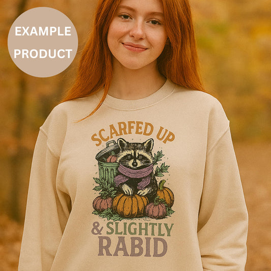 Autumn Raccoon Sweatshirt, Scarfed Up and Slightly Rabid, Fall Pumpkin Design, Cozy Women's Pullover, Nature Graphic Top
