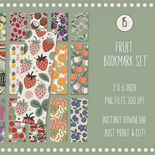 Fruit Themed Bookmark Set, Instant Download, Printable PDF, Colorful Book Accessories, 2x6 inch, Digital File, Gift for Readers