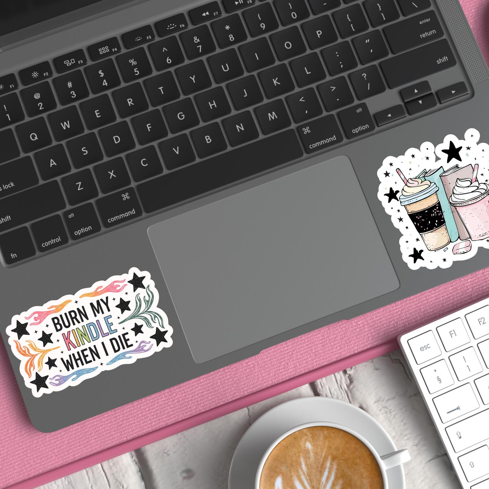 Laptop Sticker Set, 'Burn My Kindle When I Die' Vinyl Decal, Coffee Cup and Books Theme, Waterproof Stickers for Techies and Readers