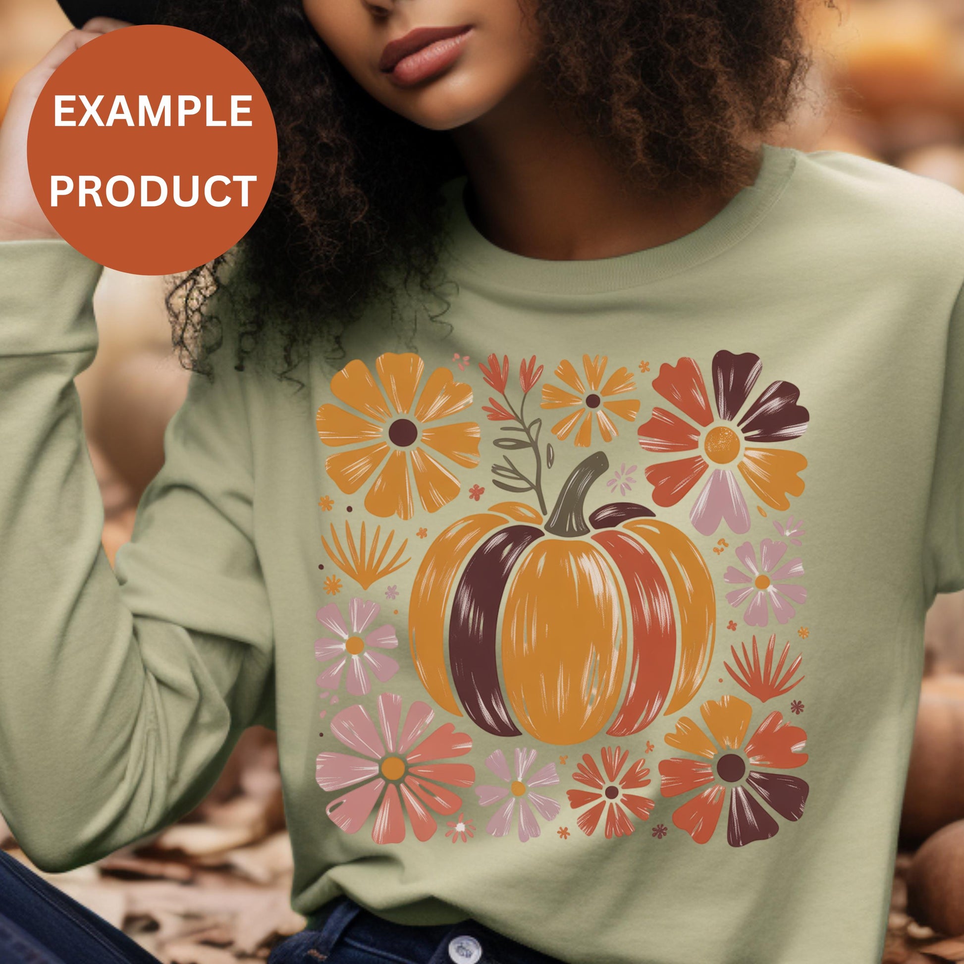 Autumn Pumpkin Floral Sweatshirt, Fall Flowers Women's Graphic Pullover, Cozy Thanksgiving Apparel