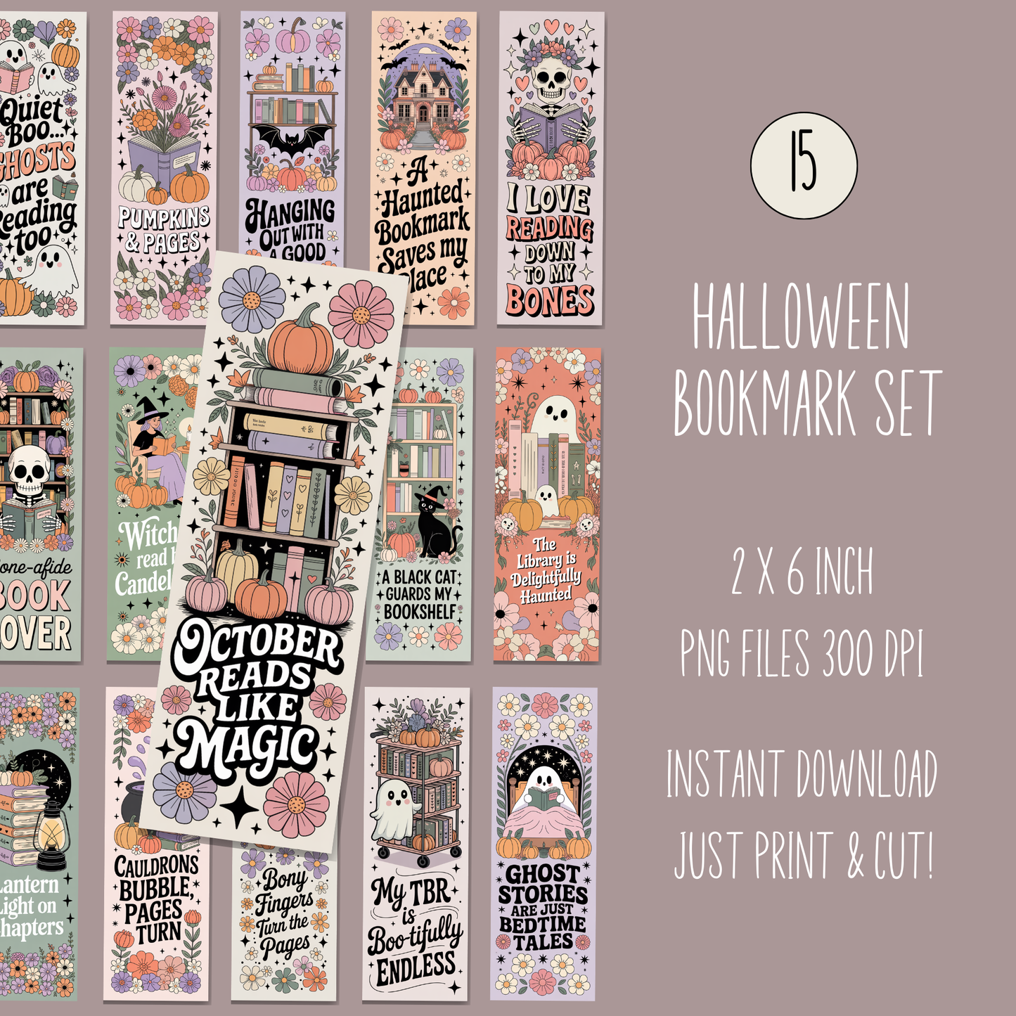 Halloween Bookmark Set, Digital Download, 2x6 inch, Witch Pumpkin Ghost, Printable Bookmarks, Instant PDF