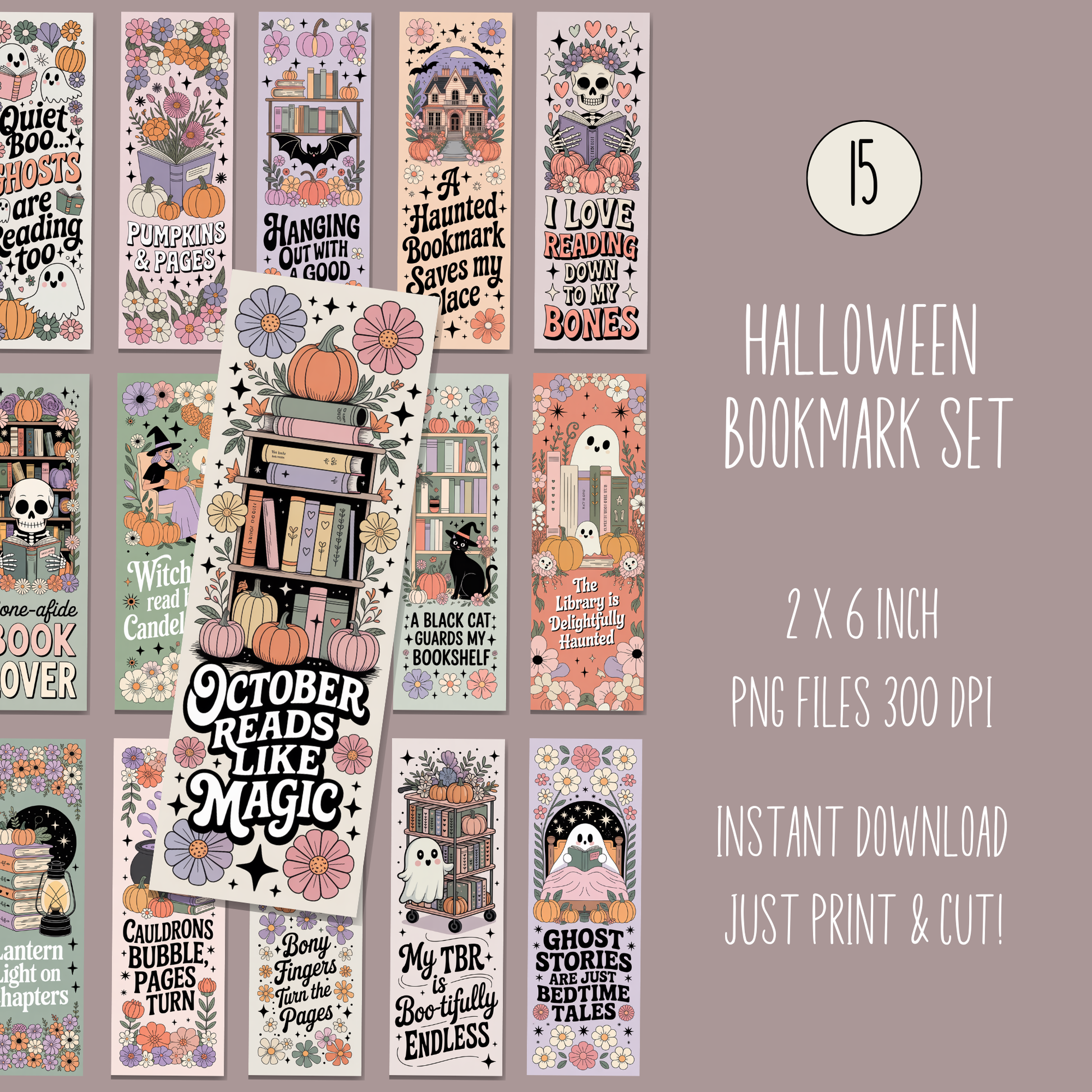 Halloween Bookmark Set, Digital Download, 2x6 inch, Witch Pumpkin Ghost, Printable Bookmarks, Instant PDF