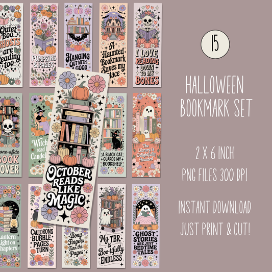 Halloween Bookmark Set, Digital Download, 2x6 inch, Witch Pumpkin Ghost, Printable Bookmarks, Instant PDF