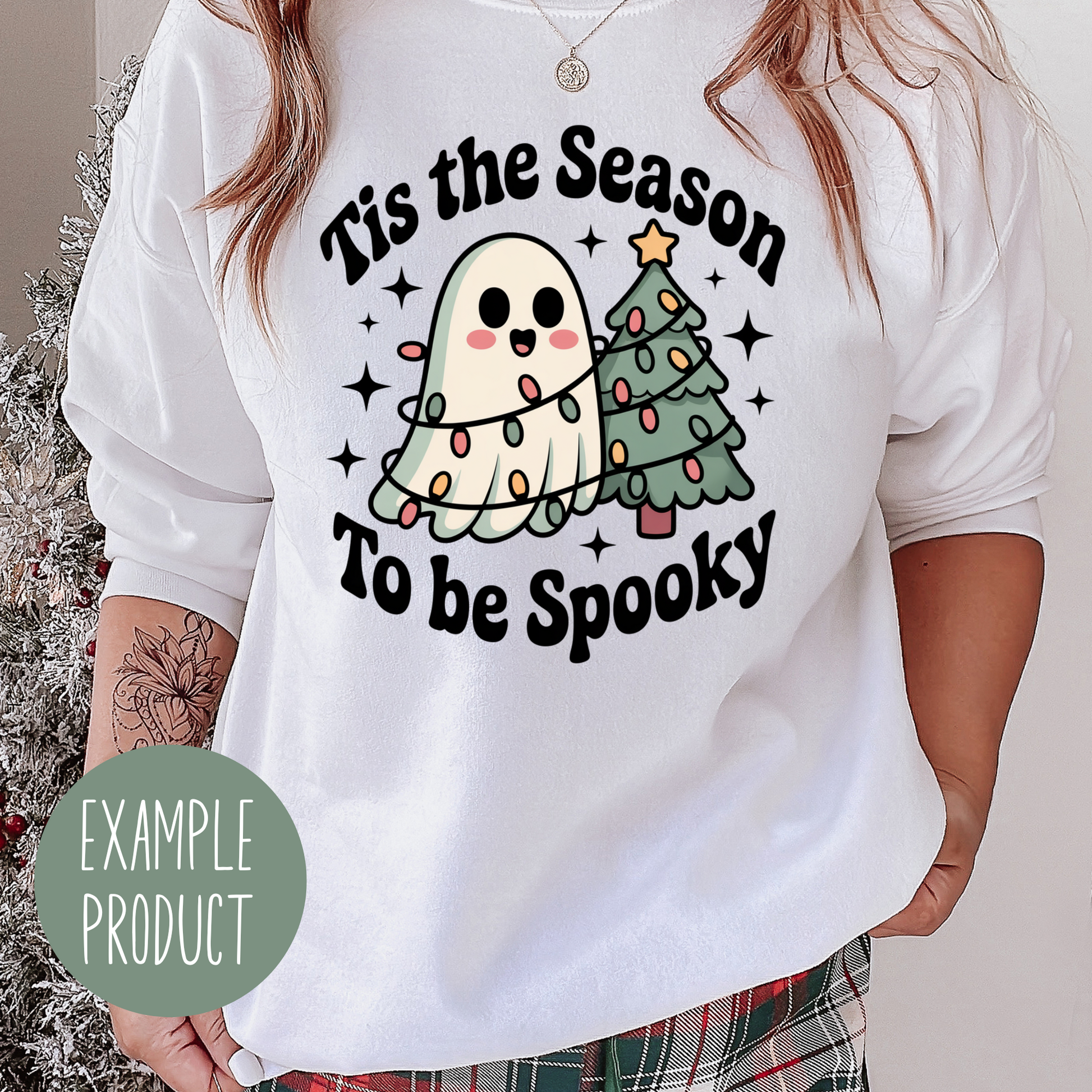 Spooky Season Ghost and Christmas Tree Holiday T-Shirt, Cute Festive Graphic Tee for Women and Men