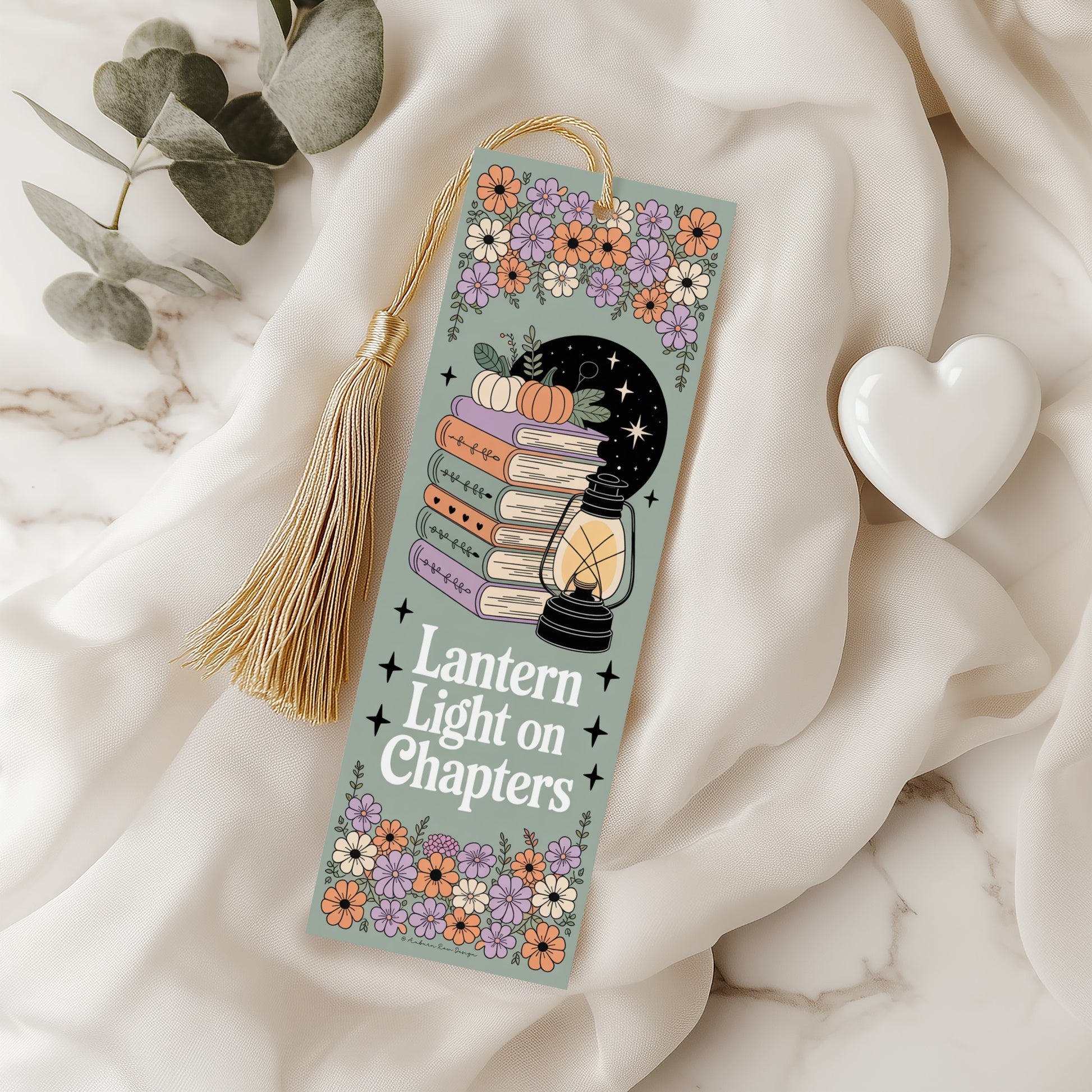 Vintage-Inspired Floral Book Stack Bookmark, Lantern Light Motif, Tassel, Perfect Gift for Readers and Librarians