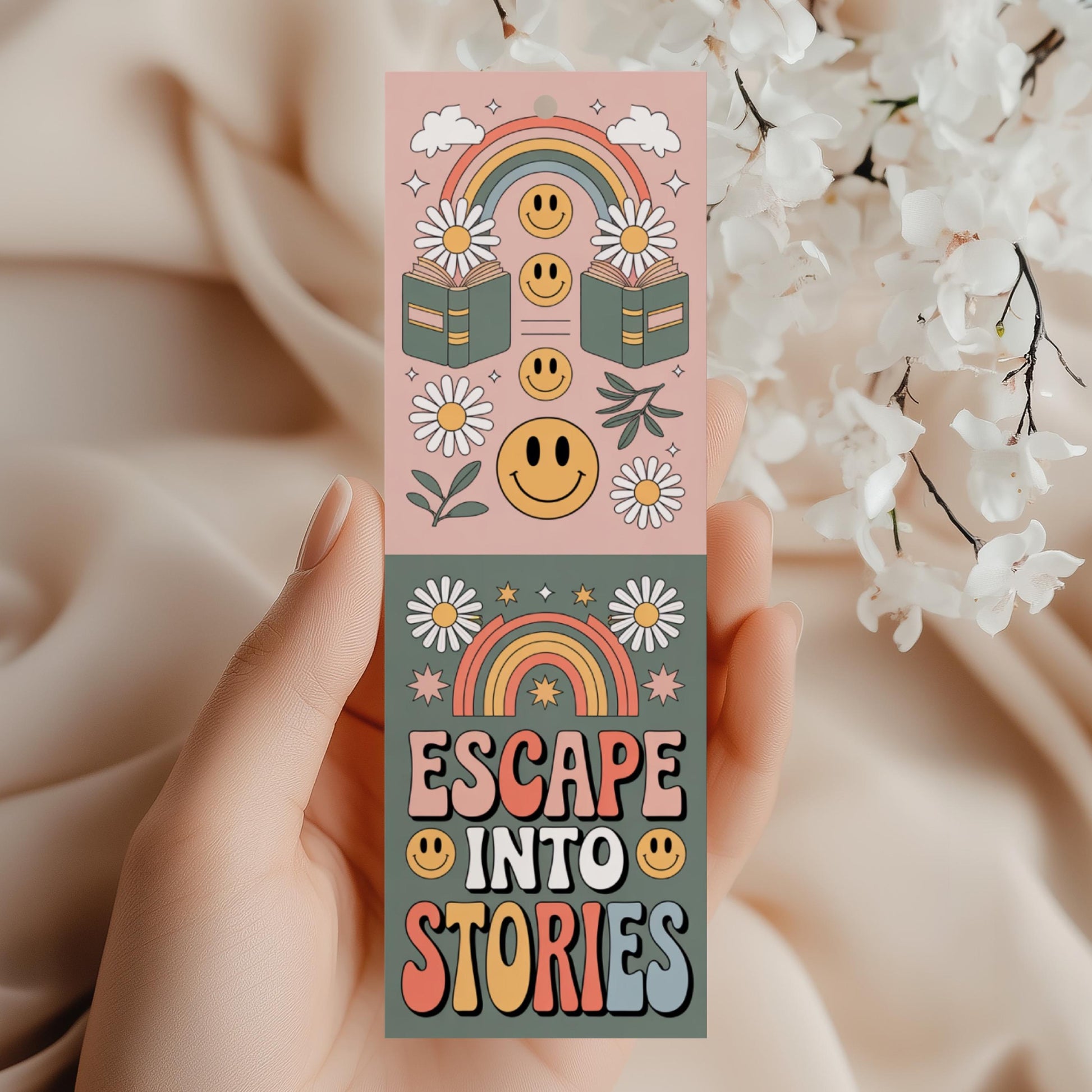 Colorful Escape Into Stories Bookmark, Rainbow Smiley Bookmark, Floral Reading Accessory for Book Lovers