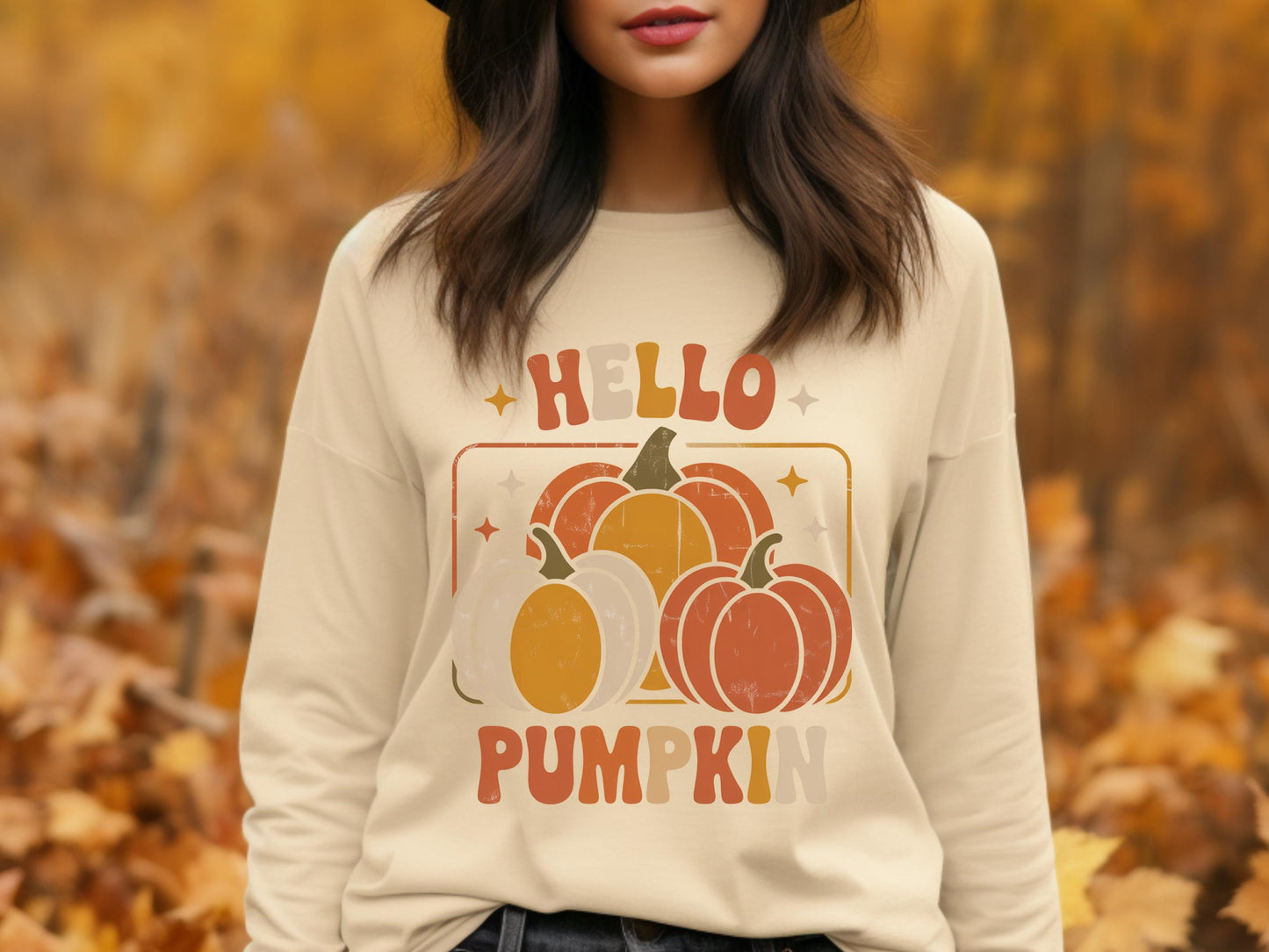 Hello Pumpkin Autumn Sweatshirt, Fall Season Graphic Pullover, Cozy Thanksgiving Apparel for Women