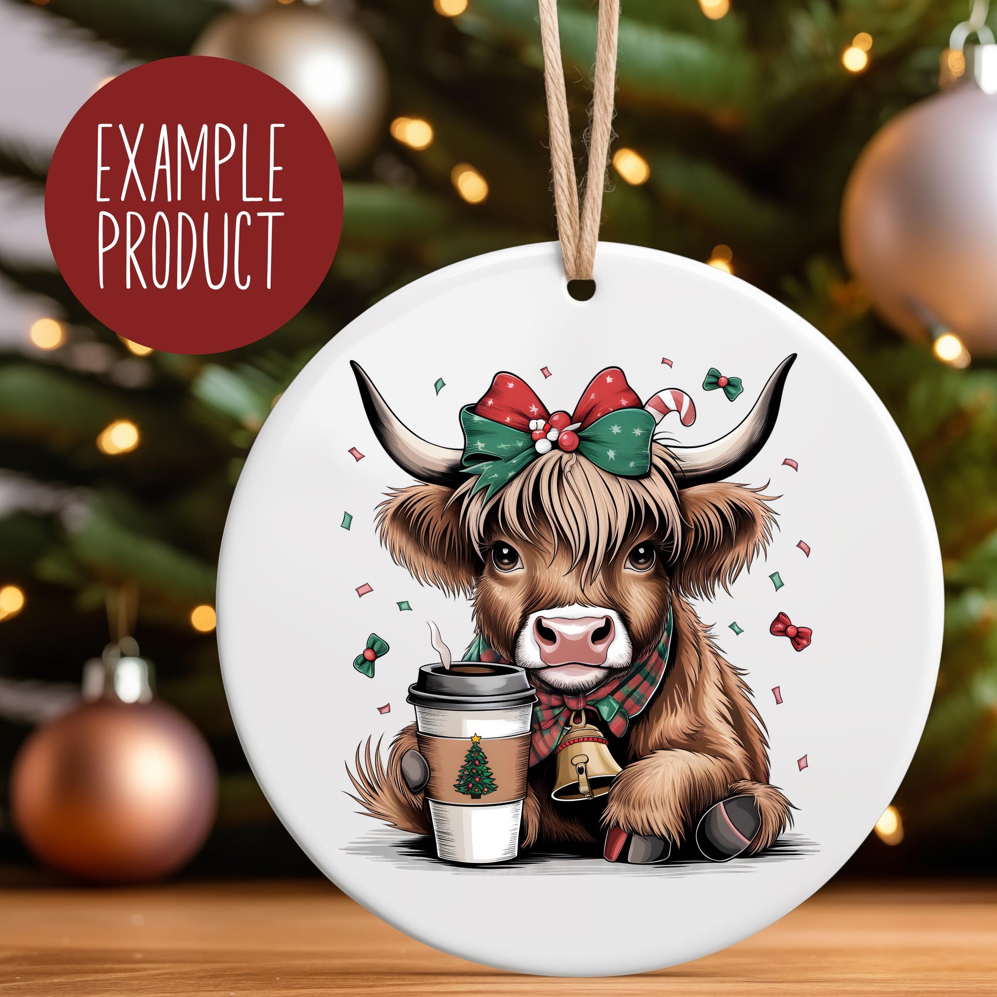 Cute Highland Cow Christmas Ornament, Festive Animal with Coffee, Holiday Decor, Ceramic Tree Decoration