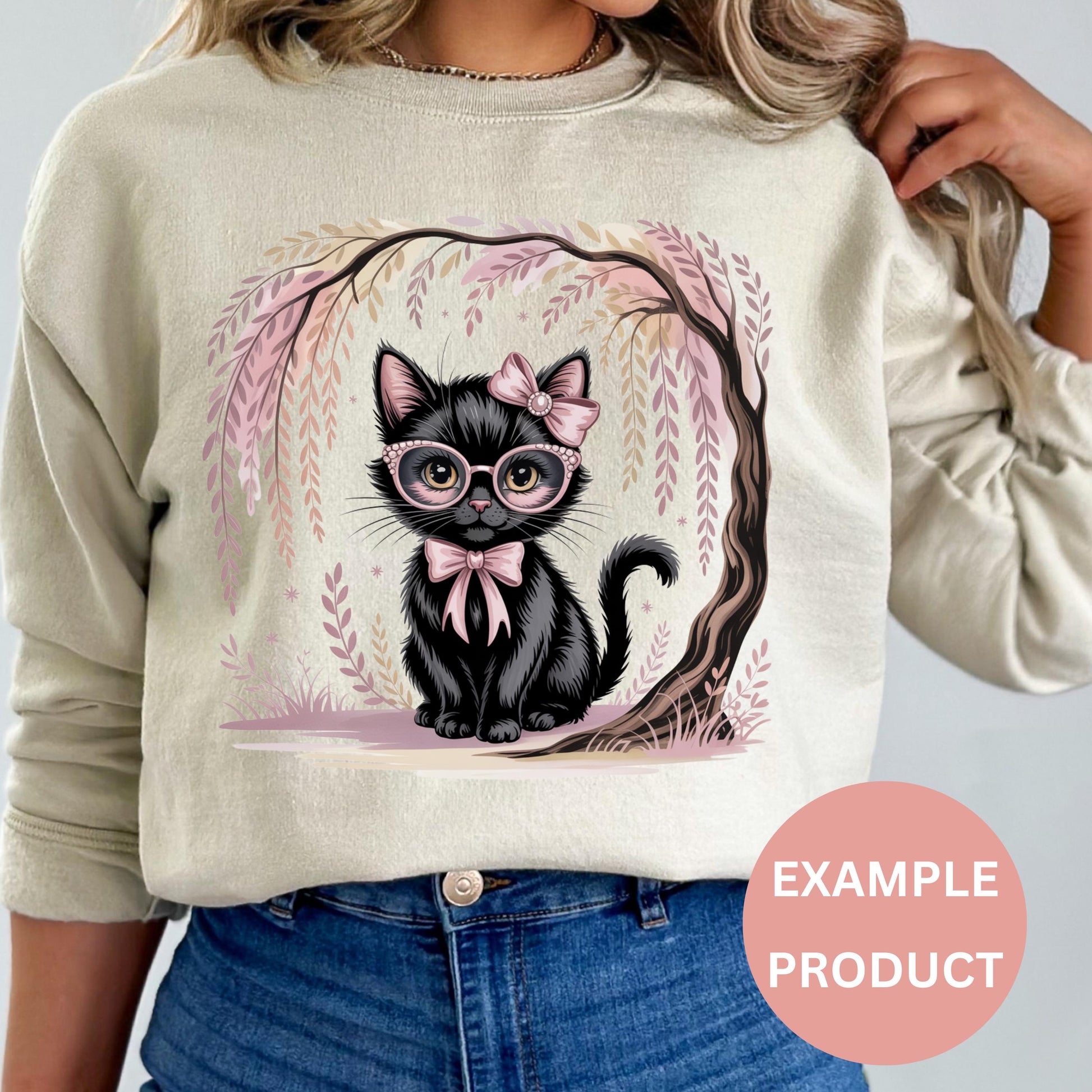 Cute Black Cat Graphic Sweatshirt, Floral Design, Women's Casual Pullover, Fashion Top