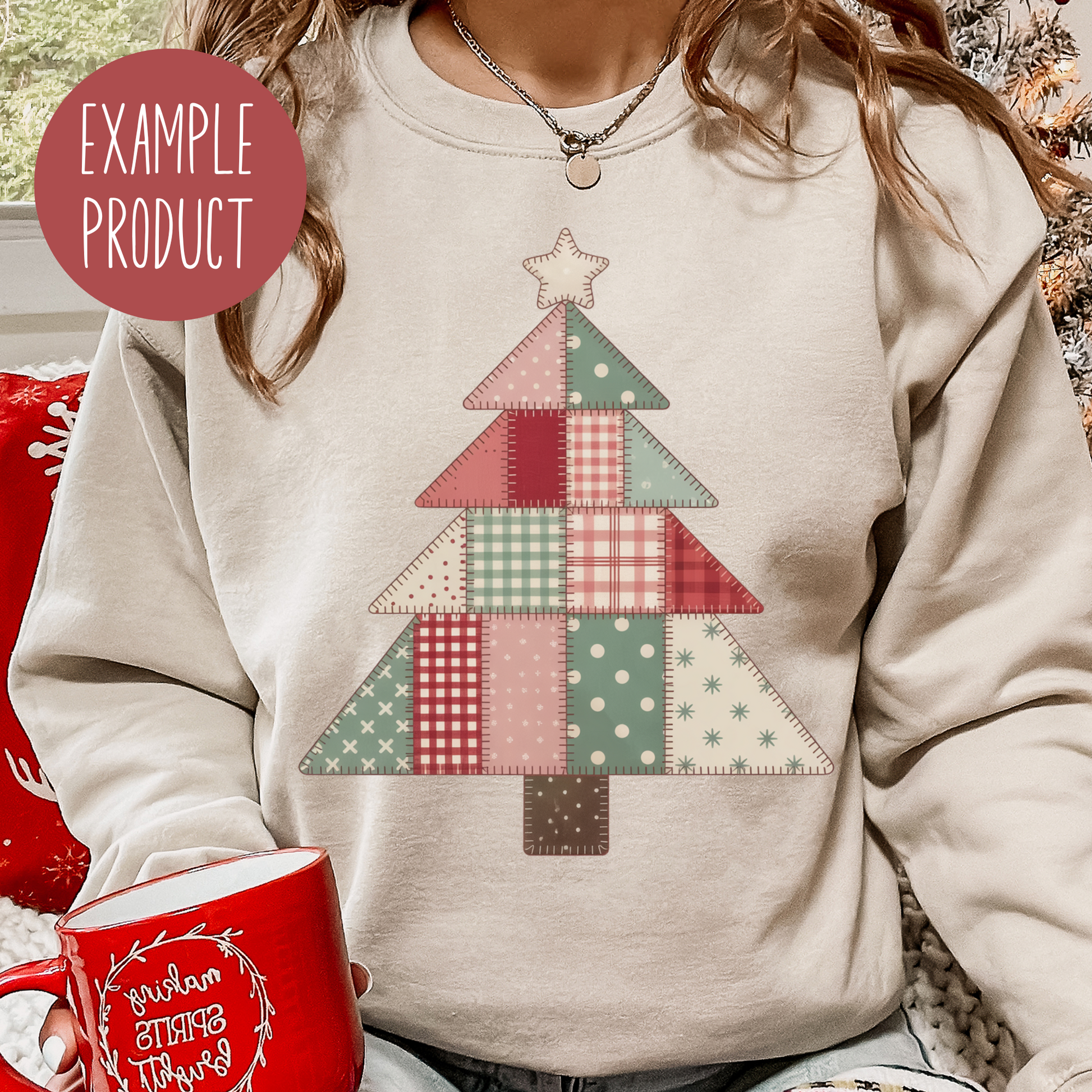 Festive Christmas Tree Sweatshirt, Women's Holiday Patchwork Design Top, Cozy Winter Apparel
