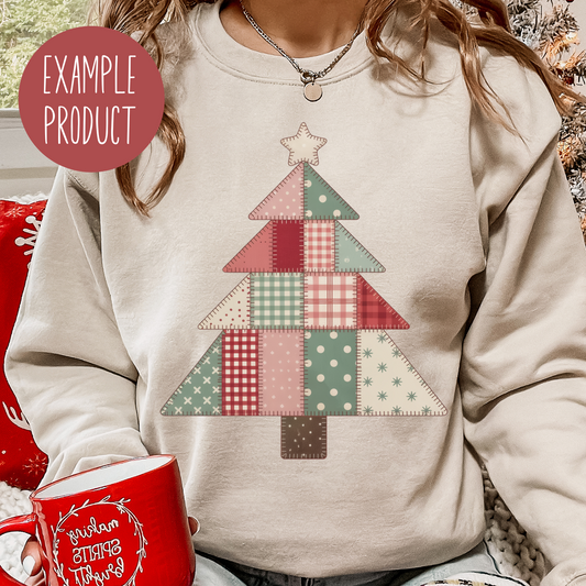 Festive Christmas Tree Sweatshirt, Women's Holiday Patchwork Design Top, Cozy Winter Apparel