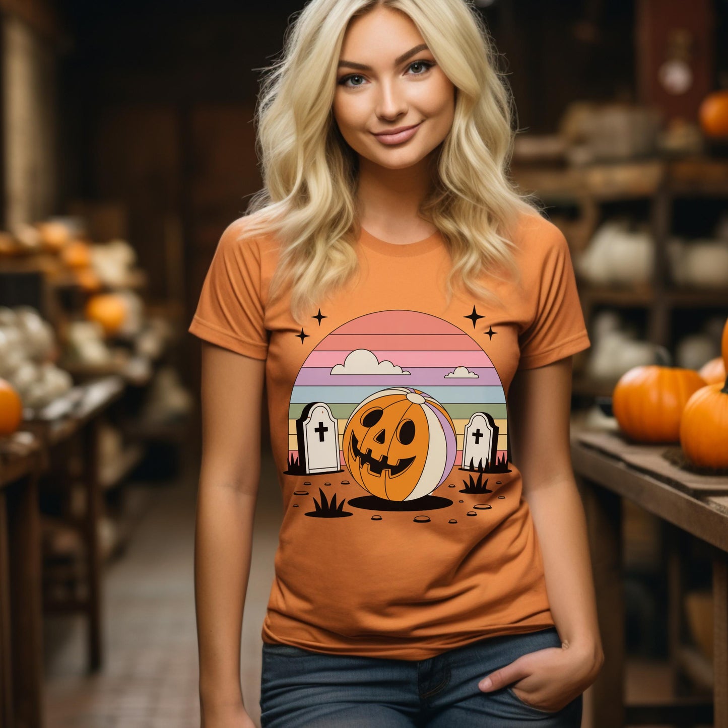 Halloween Pumpkin T-Shirt, Women's Cute Fall Graphic Tee, Spooky Casual Autumn Apparel