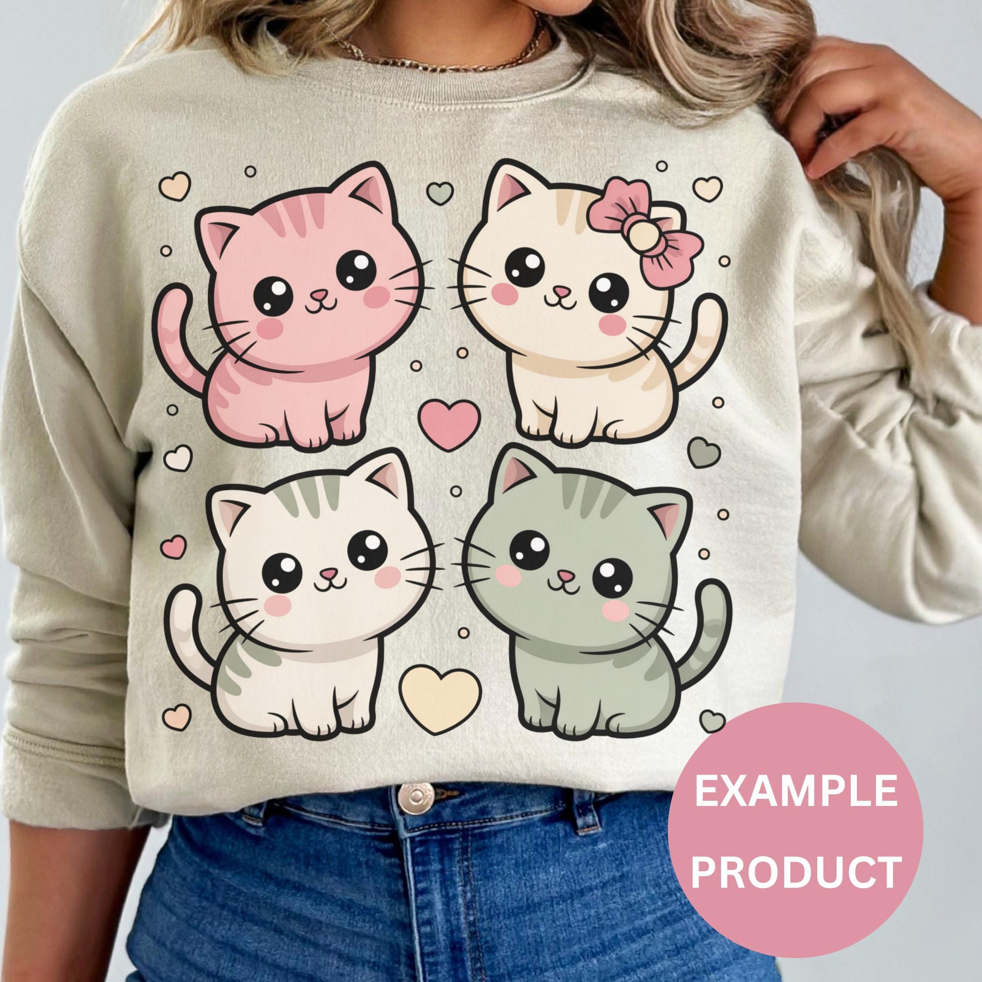 Cute Cat Sweatshirt, Kawaii Kittens Graphic, Women's Casual Pullover, Cat Lover Gift Idea, Soft Pastel Colors, Trendy Animal Design