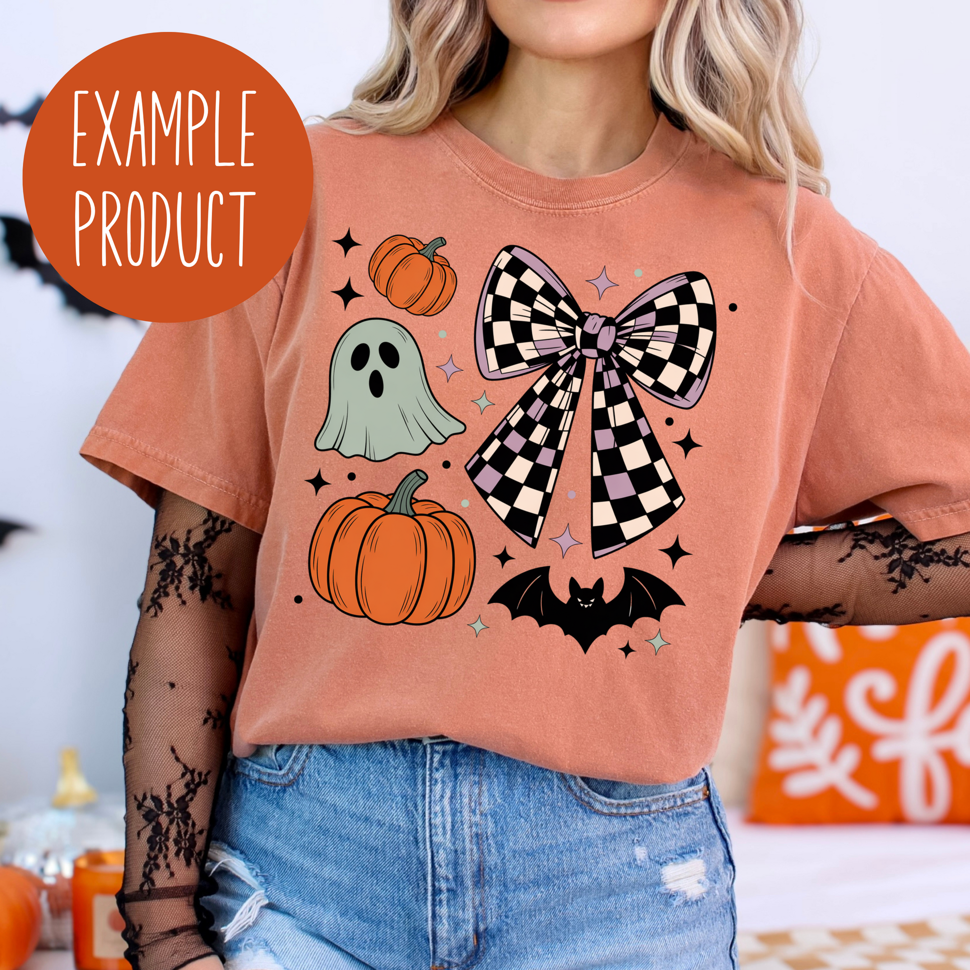 Women's Halloween T-Shirt with Ghost, Pumpkin, and Bat Design, Cute Fall Top
