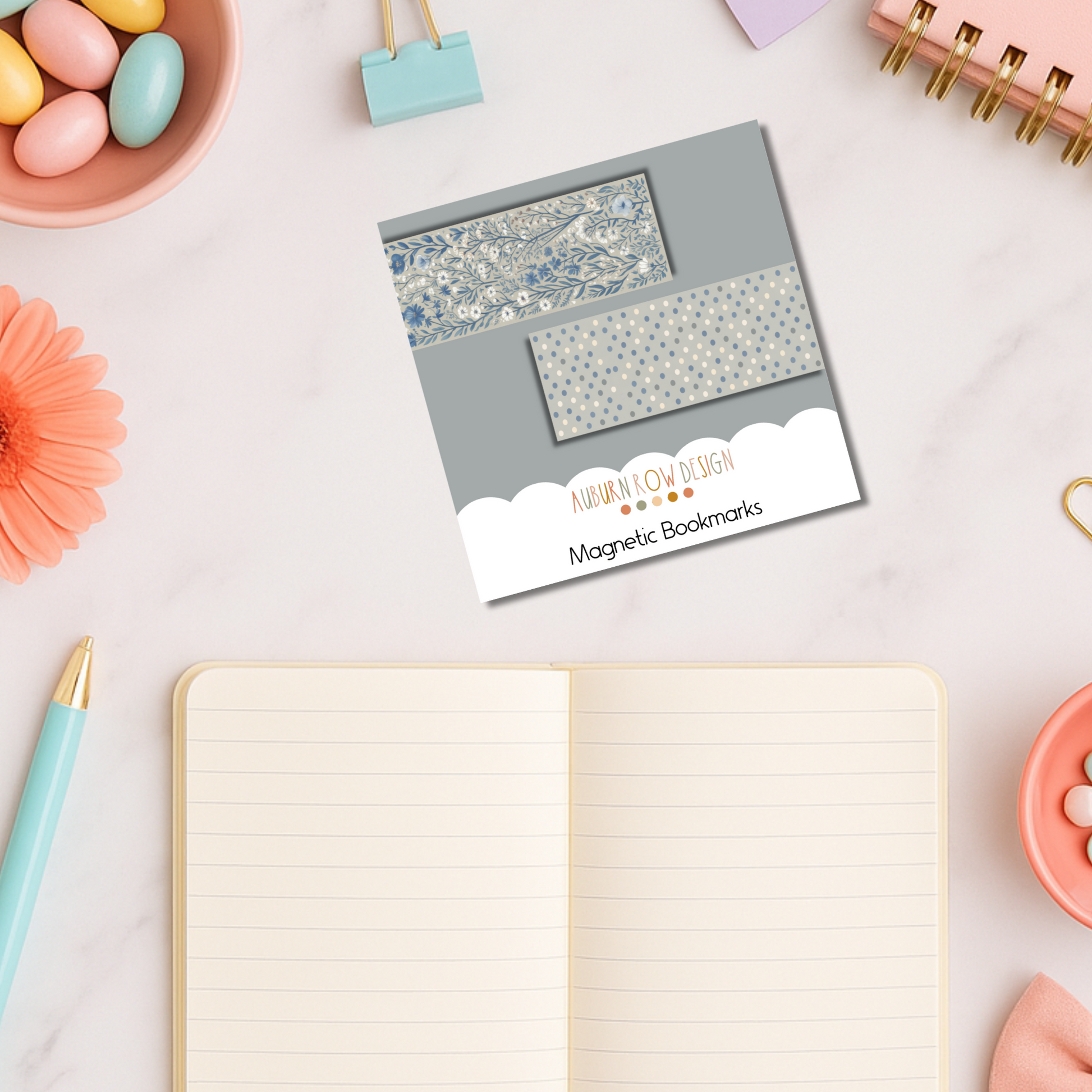 Blue Floral Magnetic Bookmark Set