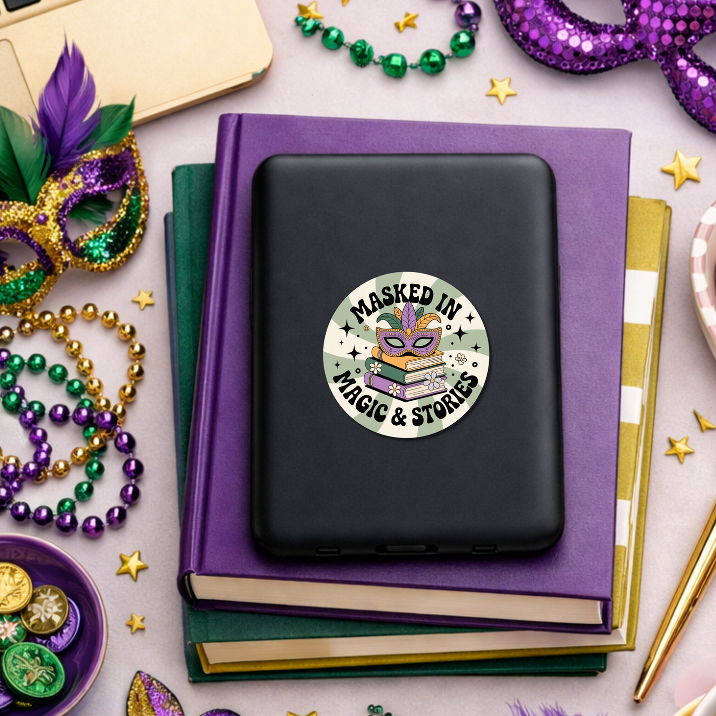 Mardi Gras Bookish Sticker