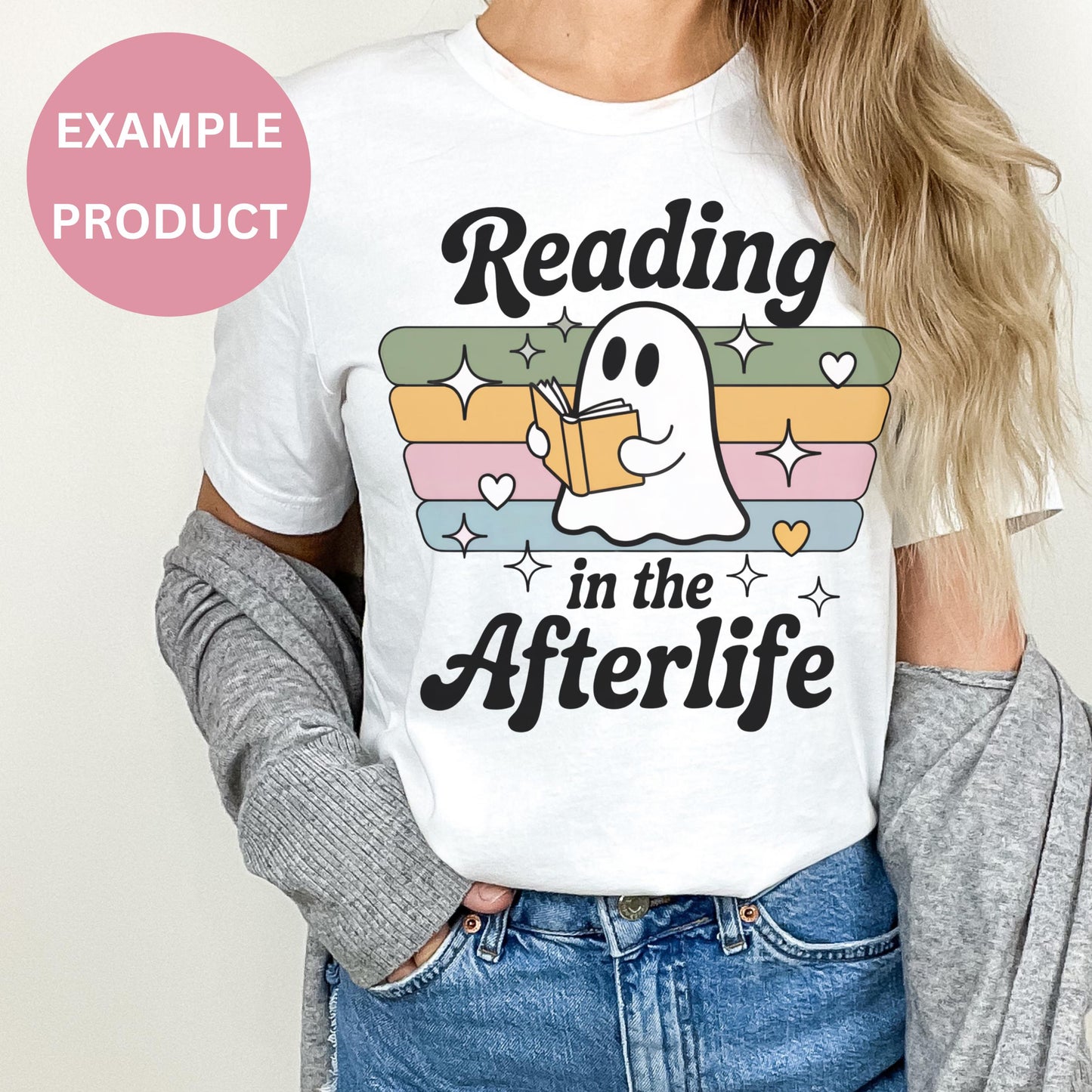 Reading in the Afterlife Cute Ghost Book Lover Graphic T-Shirt, Fun Casual Tee for Women