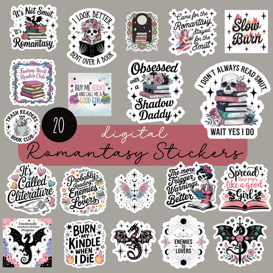 Digital Fantasy Stickers, Book Lovers Quotes, Kindle Reader, Floral Designs, Printable Planner Decoration