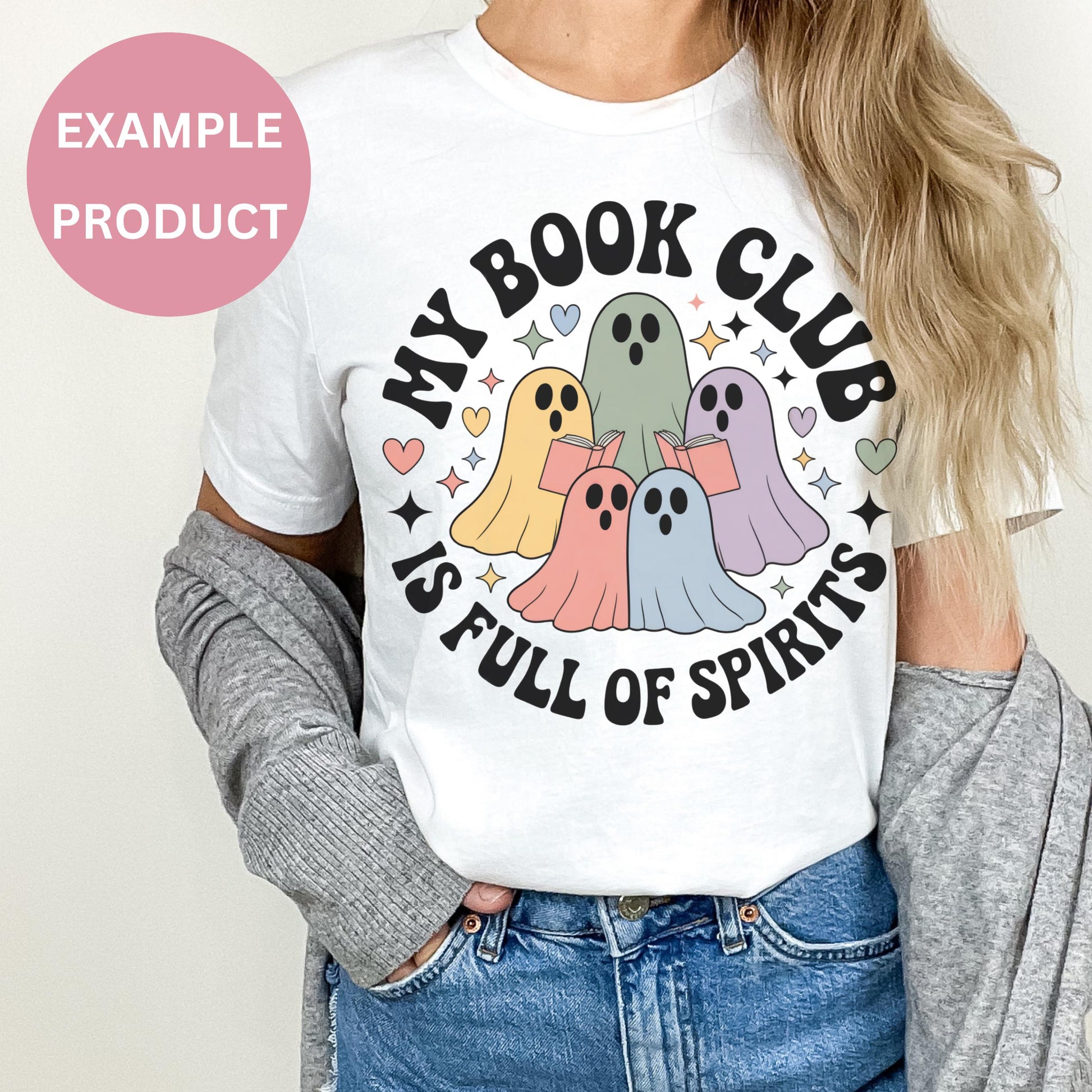 My Book Club is Full of Spirits T-Shirt, Cute Ghost Graphic Tee, Funny Halloween Shirt, Women's Casual Tops