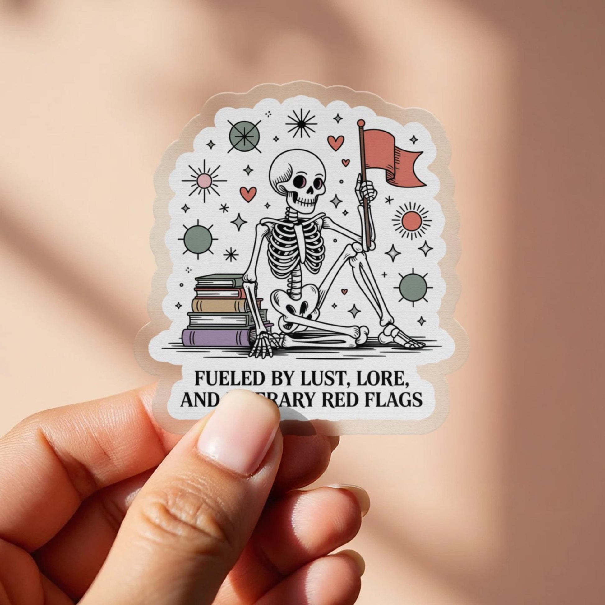 Skeleton Sticker with Quote, Fueled by Lust Lore, Funny Desk Decor, Vinyl Waterproof Sticker for Laptop and Books.